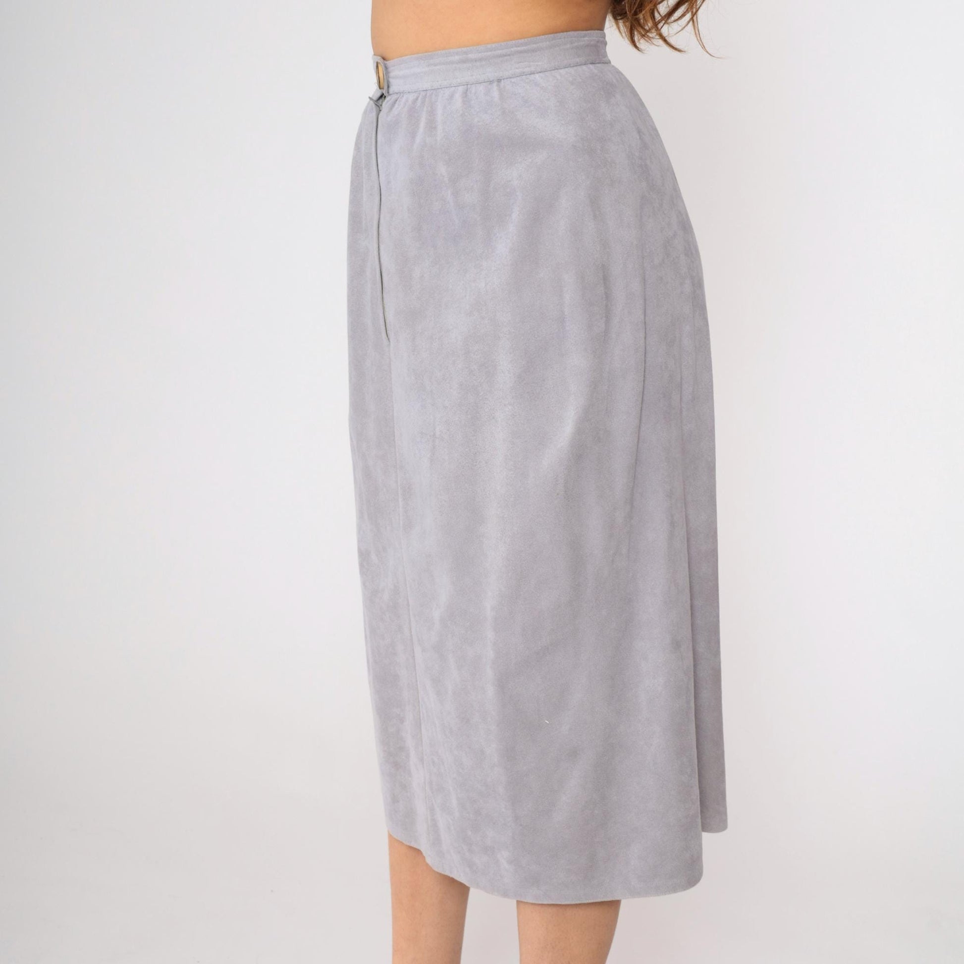 80s Grey Faux Suede Midi Pencil Skirt High Waist Small
