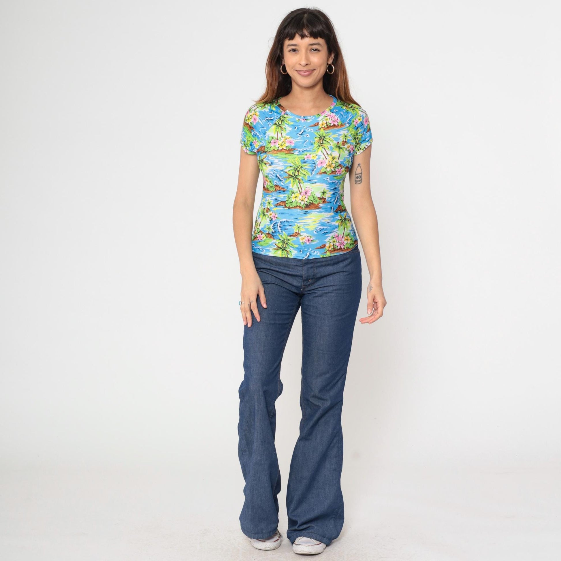 90s Hawaiian Tropical Floral Raglan Baby Tee Medium