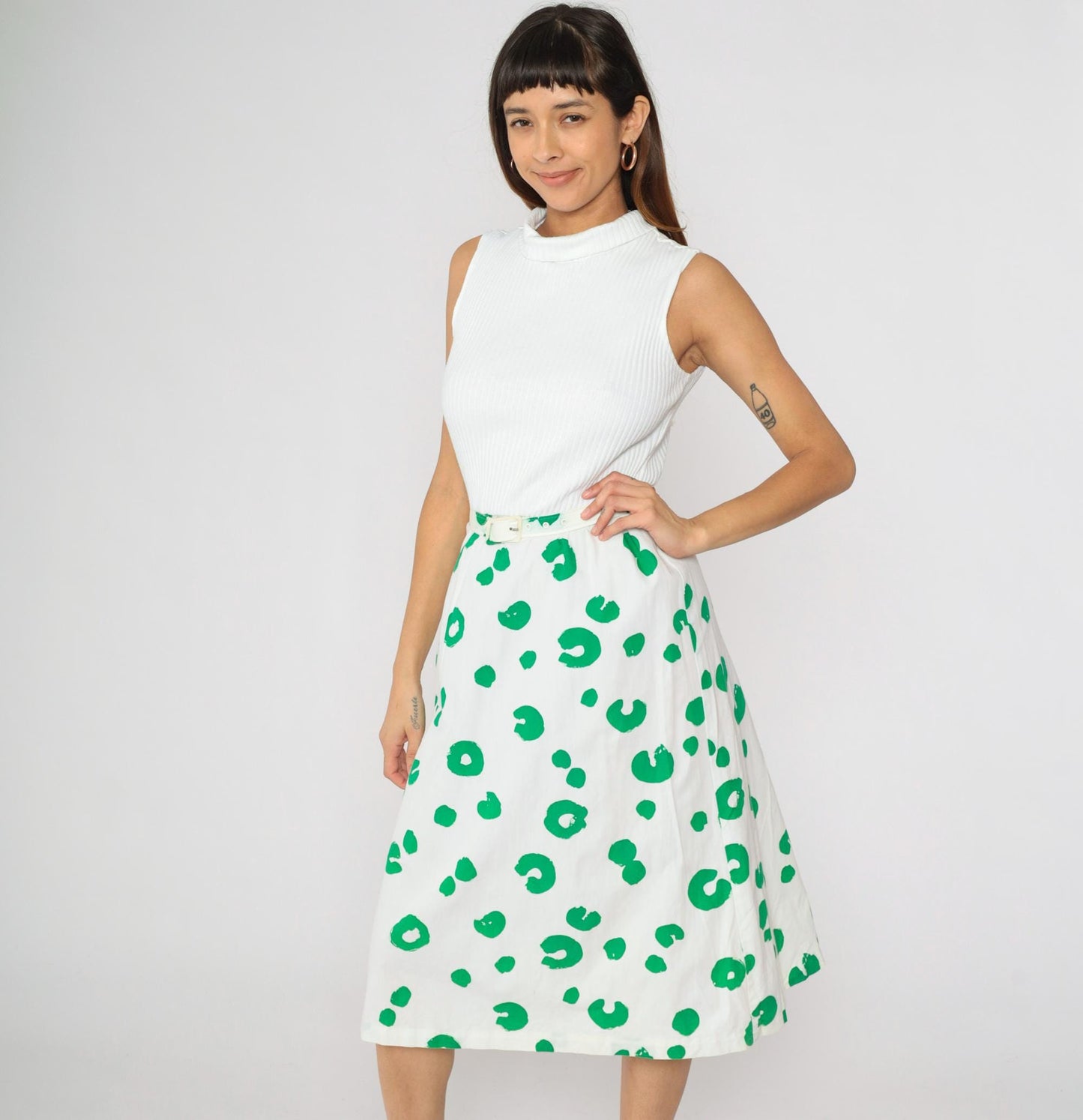 80s White Green Dot Midi Dress Mock Neck High Waist Belted Small