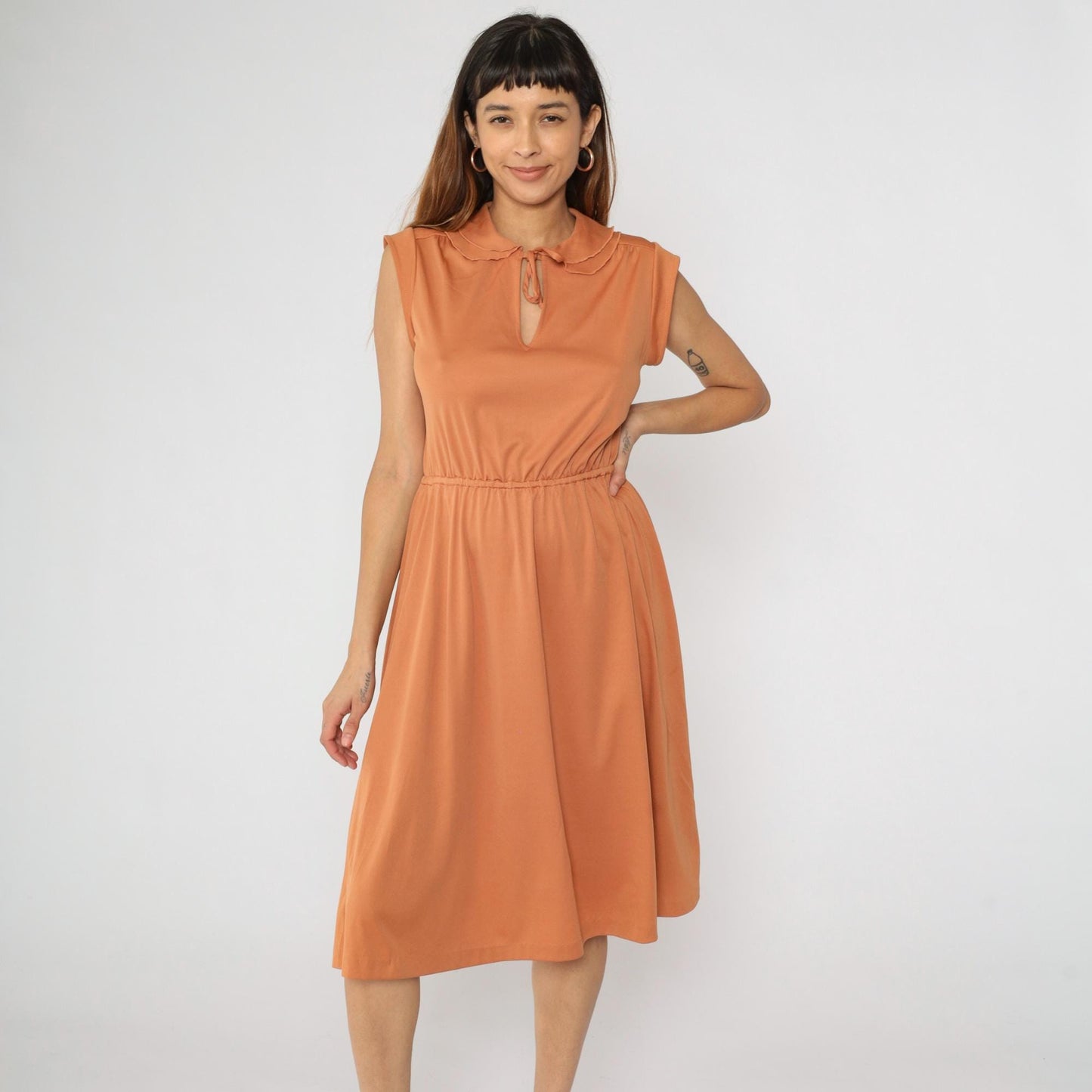 70s Burnt Orange Keyhole Midi Dress Peter Pan Collar Cap Sleeve Small