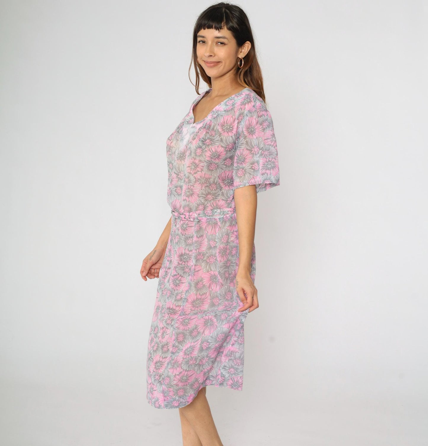 60s Floral Shift Dress Pink Grey Flower Print Midi V-Neck Short Sleeve Extra Large