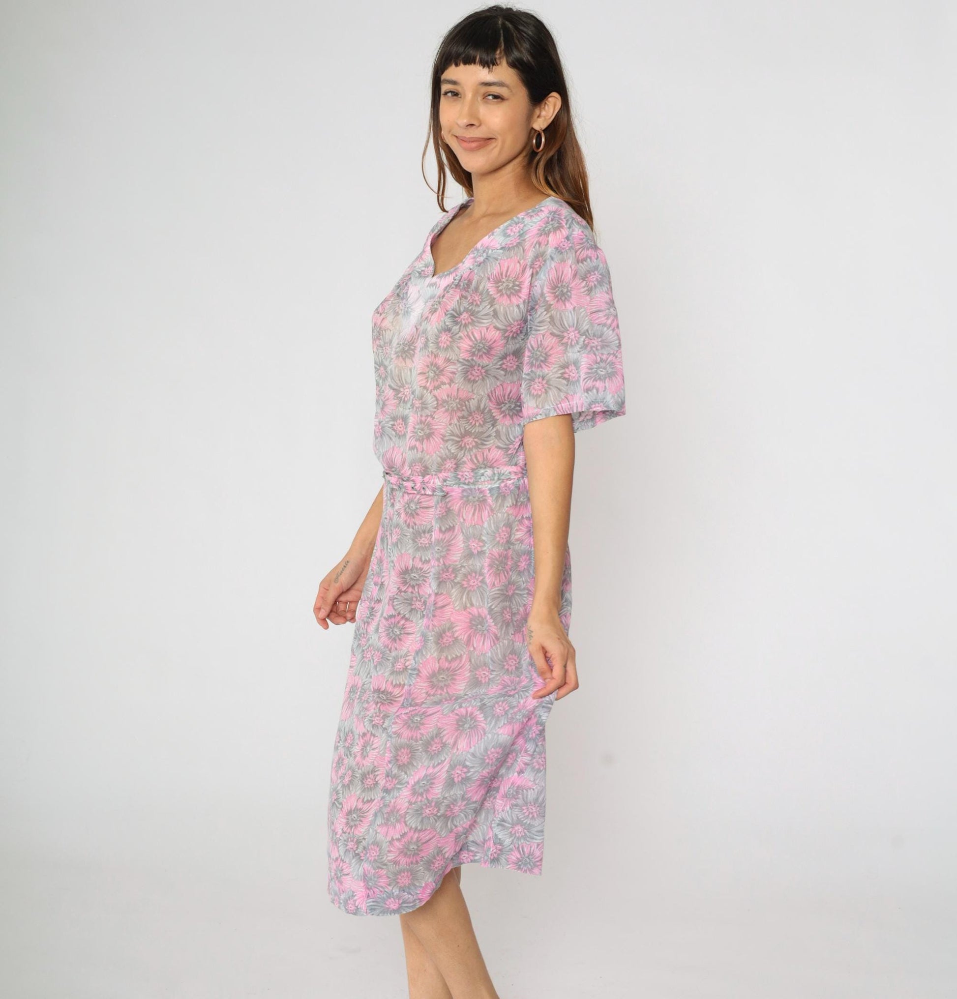60s Floral Shift Dress Pink Grey Flower Print Midi V-Neck Short Sleeve Extra Large