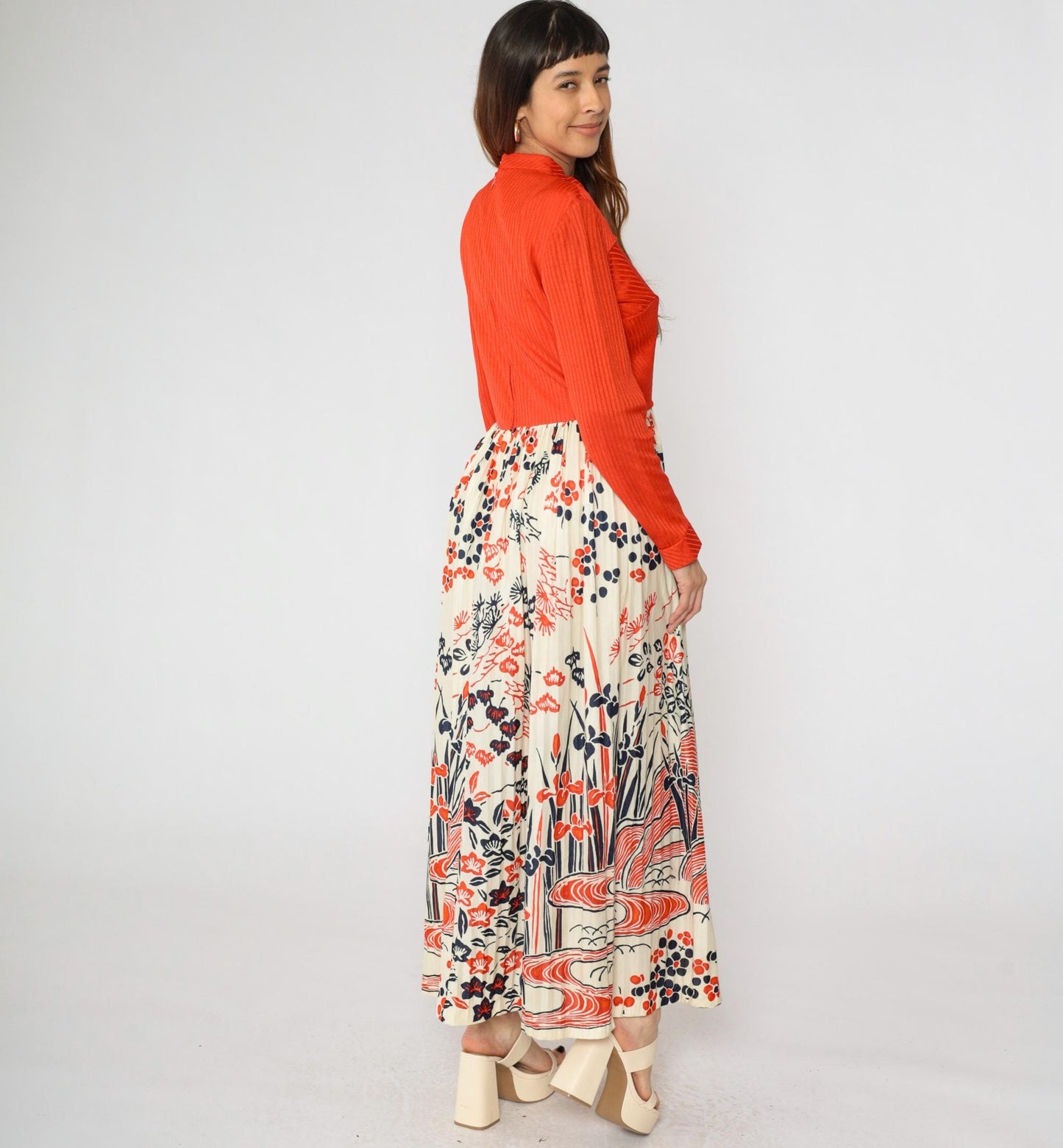 70s Red Floral Japanese Scenic Print Maxi Dress Long Sleeve Keyhole Neckline Large
