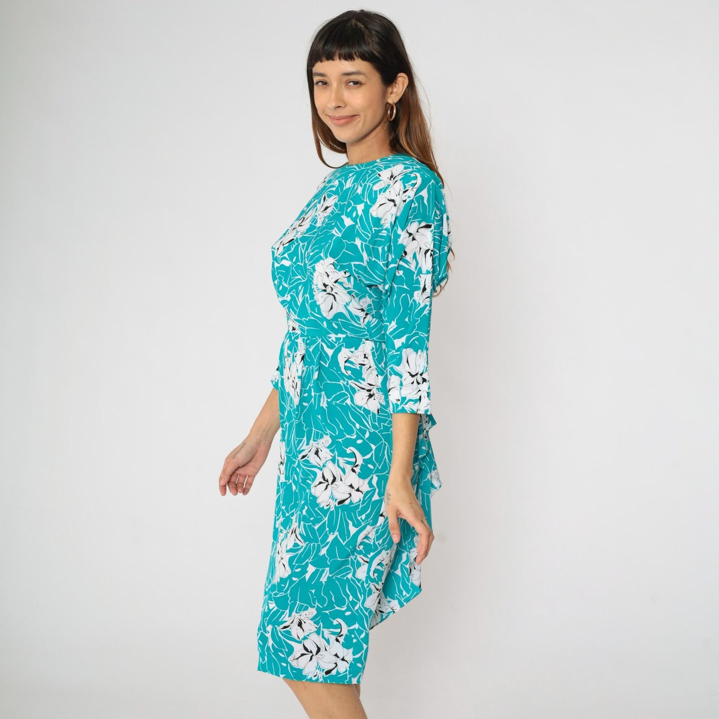 80s Turquoise Floral Midi Dress Keyhole Back Dolman Sleeve High Waist Small