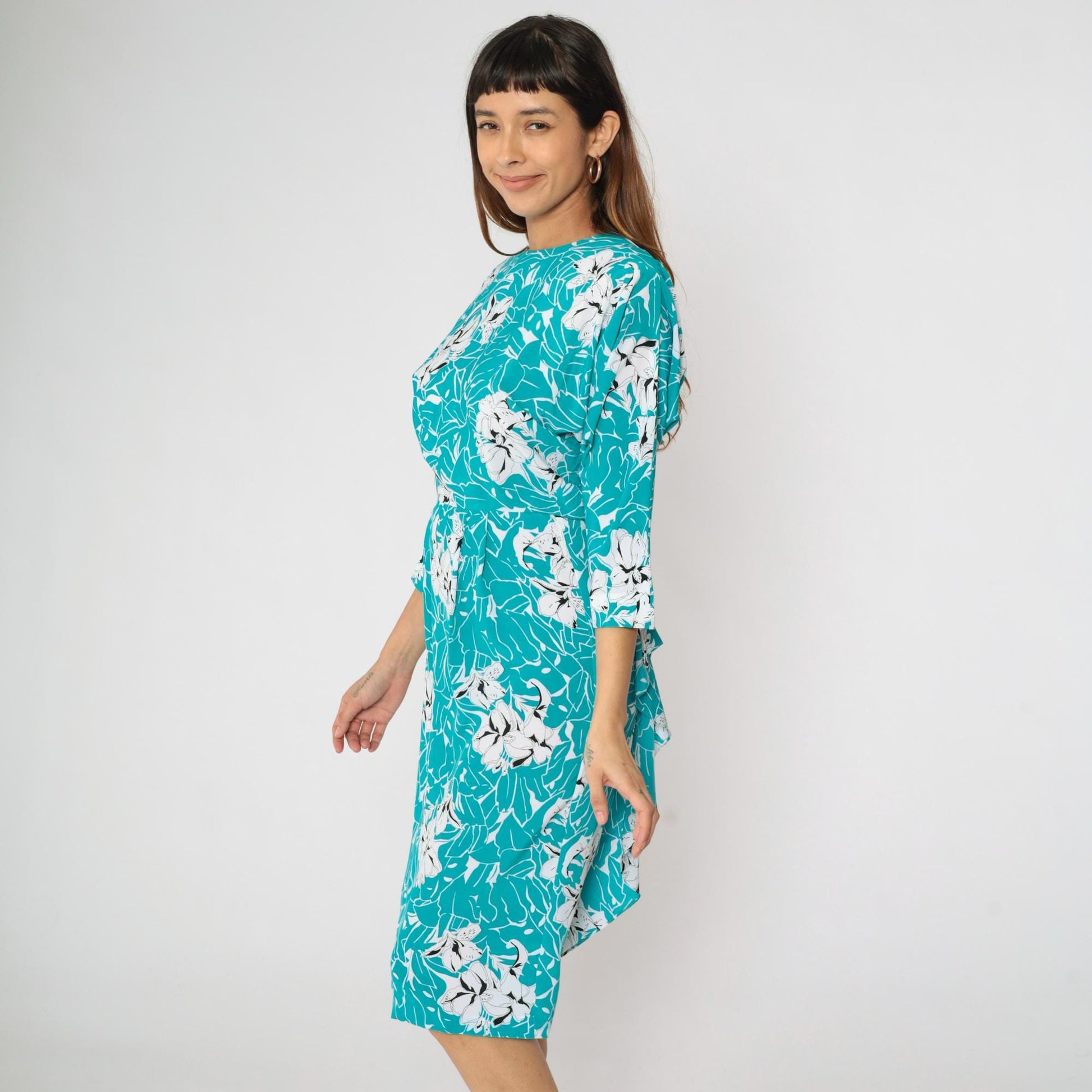 80s Turquoise Floral Midi Dress Keyhole Back Dolman Sleeve High Waist Small