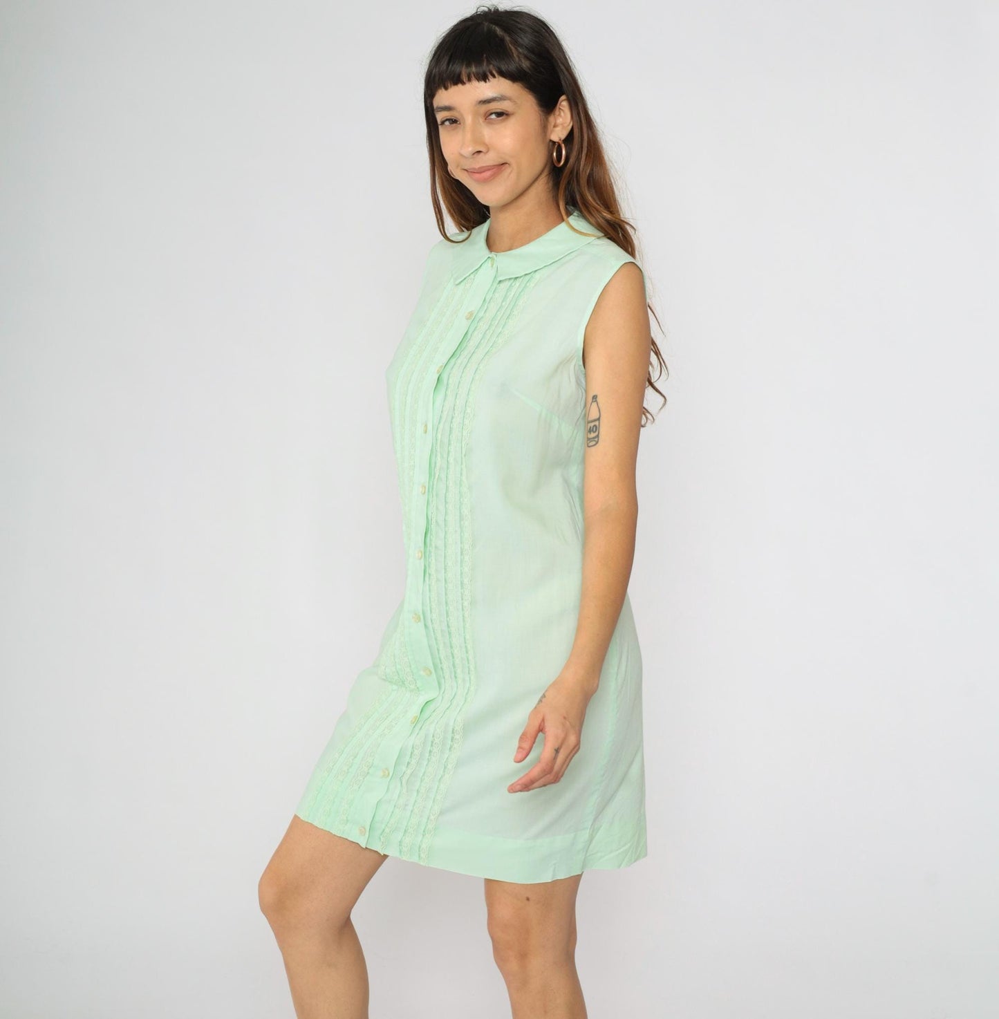 60s Mint Green Peter Pan Collar Mini Dress Sleeveless Button Front Medium
