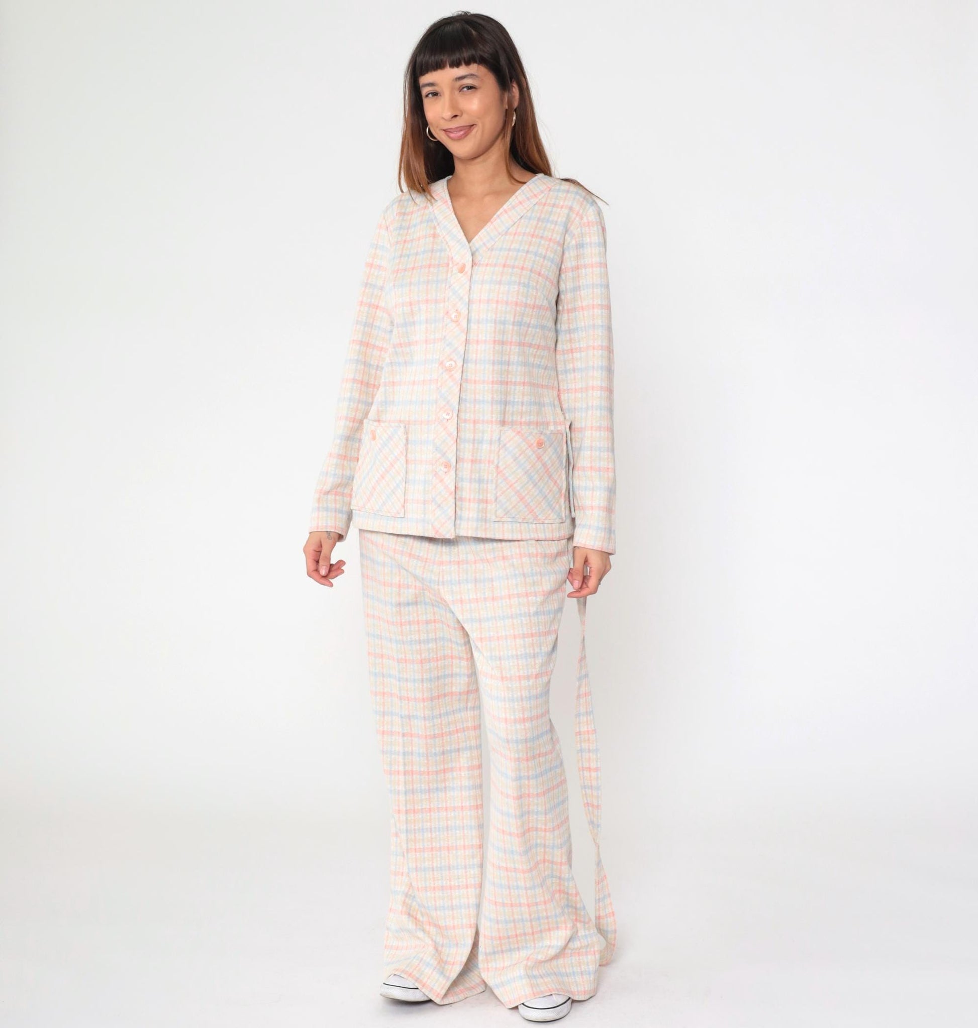 70s Pink Blue Checkered Two Piece Set Wide Leg Pants Blouse Large L