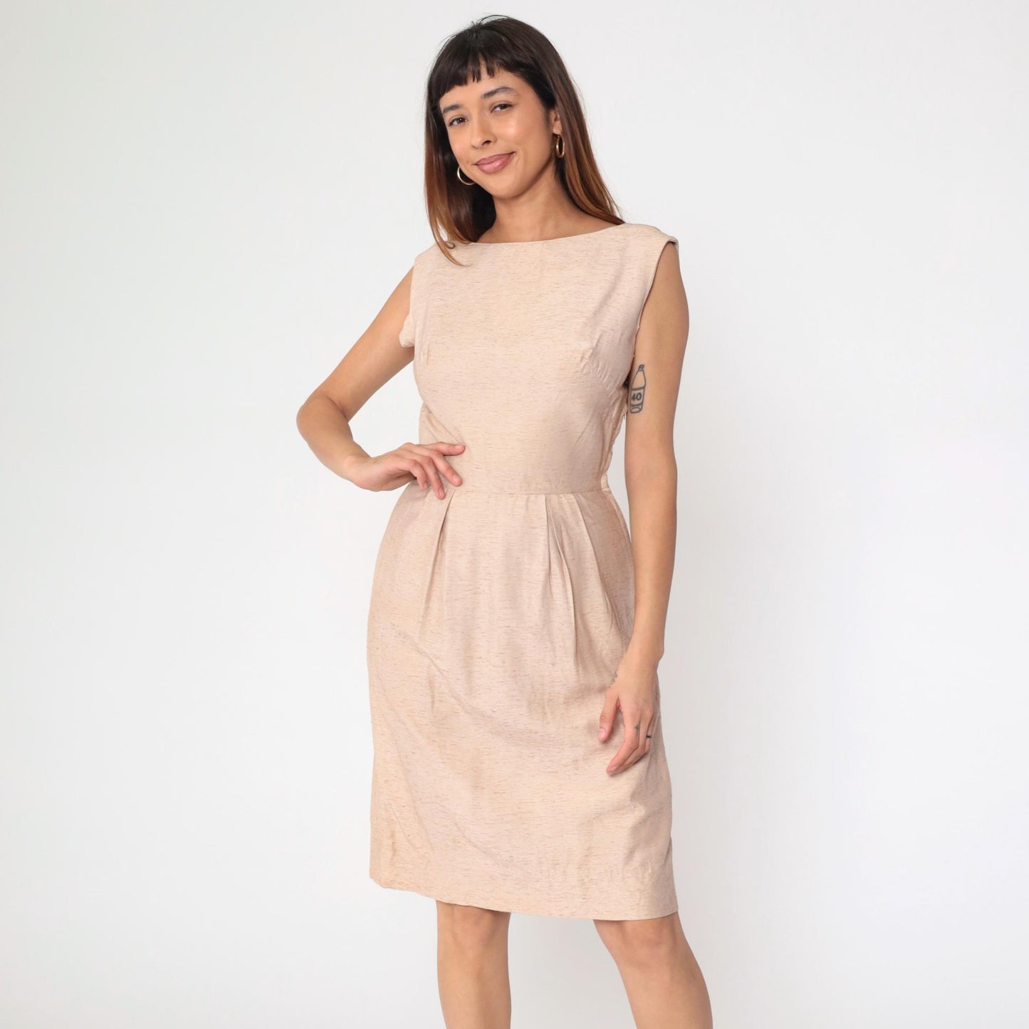 1960s Blush Pink Cocktail Dress Boatneck Wiggle Sheath Knee Small