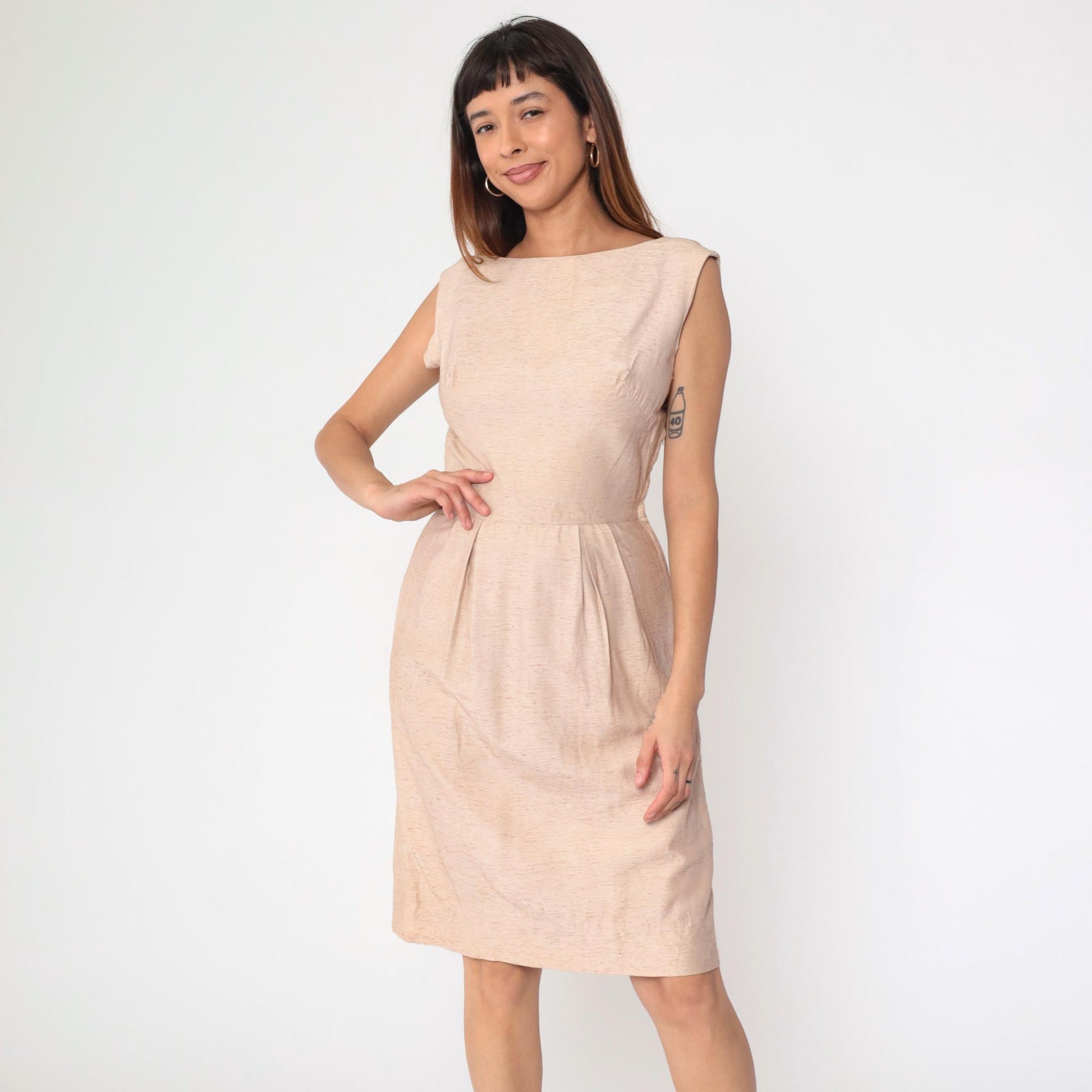 1960s Blush Pink Cocktail Dress Boatneck Wiggle Sheath Knee Small