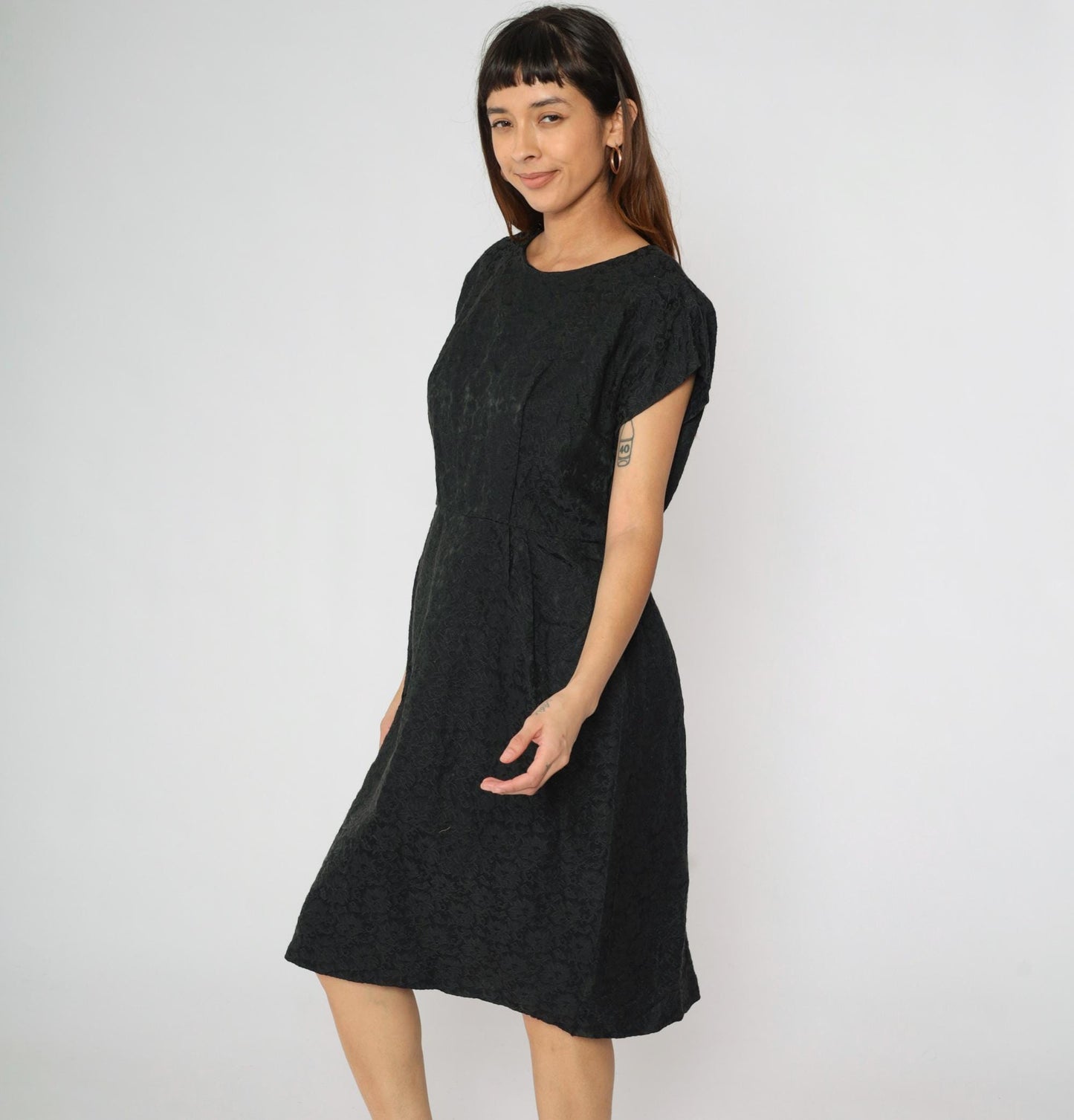 60s Black Brocade Sheath Dress Floral Cap Sleeve Midi Large L