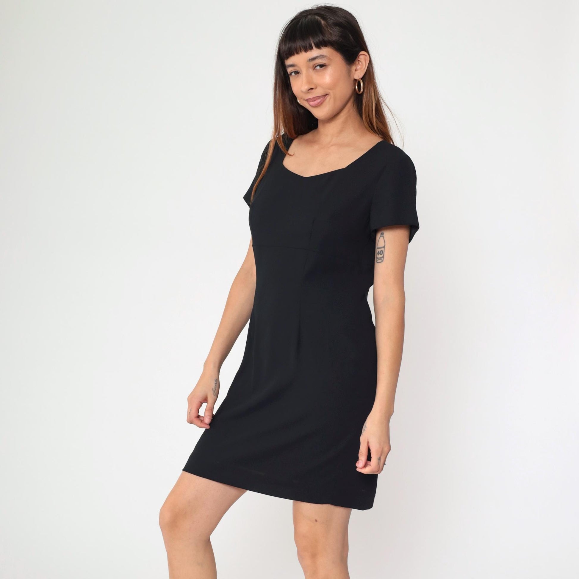 90s Black Mini Sheath Dress Empire Waist Short Sleeve Medium Petite