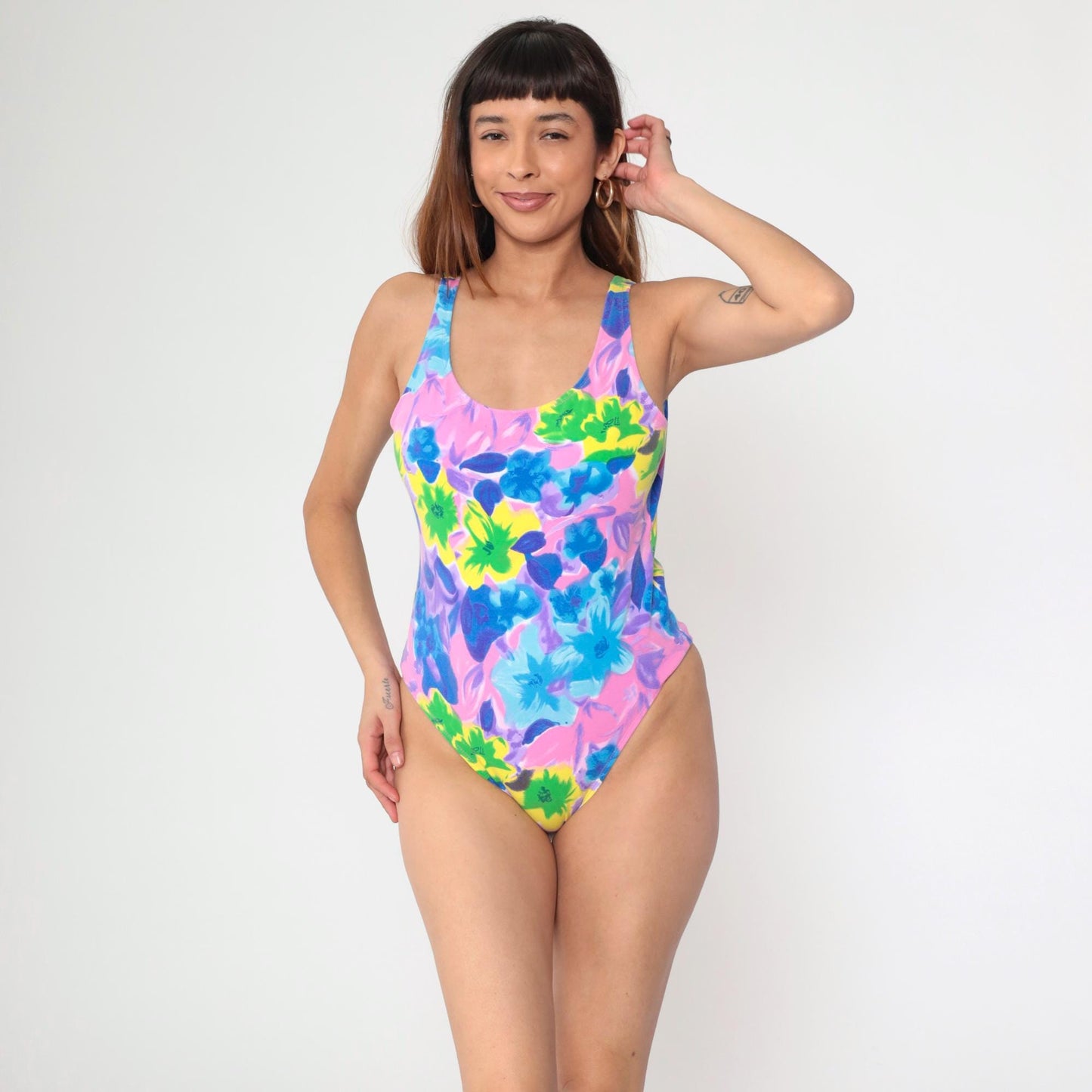 90s Floral One-Piece Swimsuit Scoop Back Pink Purple Blue Medium