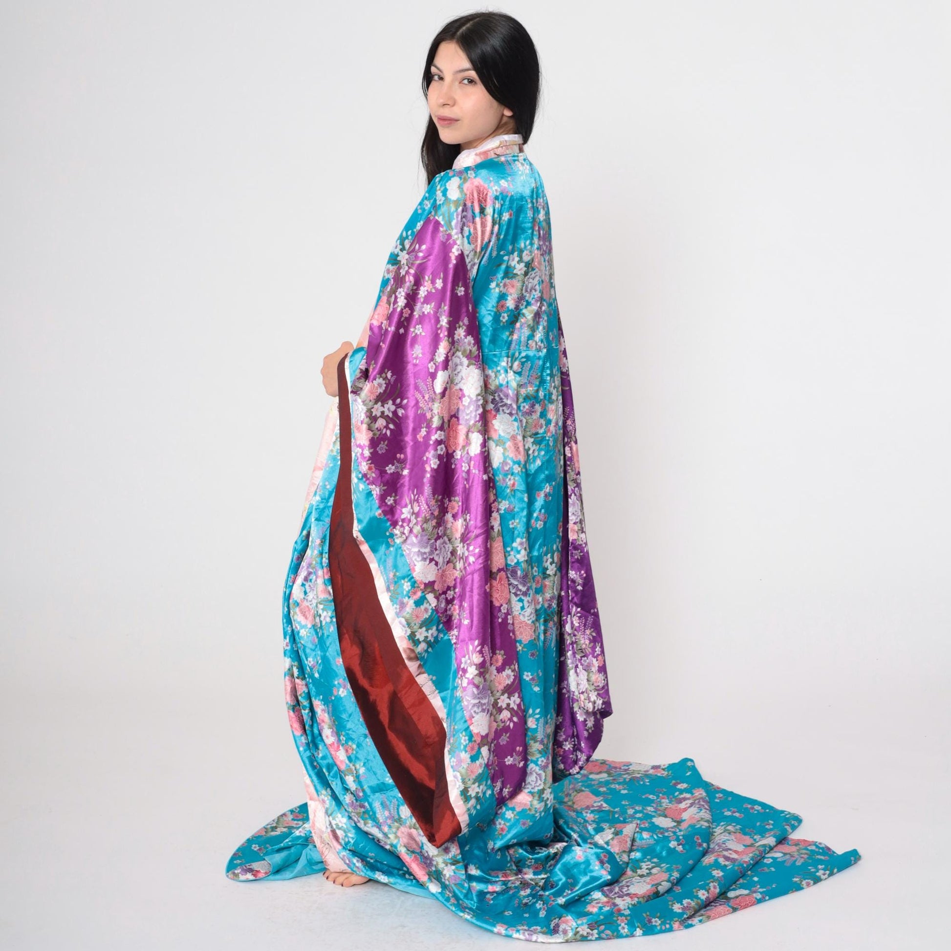 Vintage Floral Silk Kimono Robe Turquoise Purple Long Train Open Front
