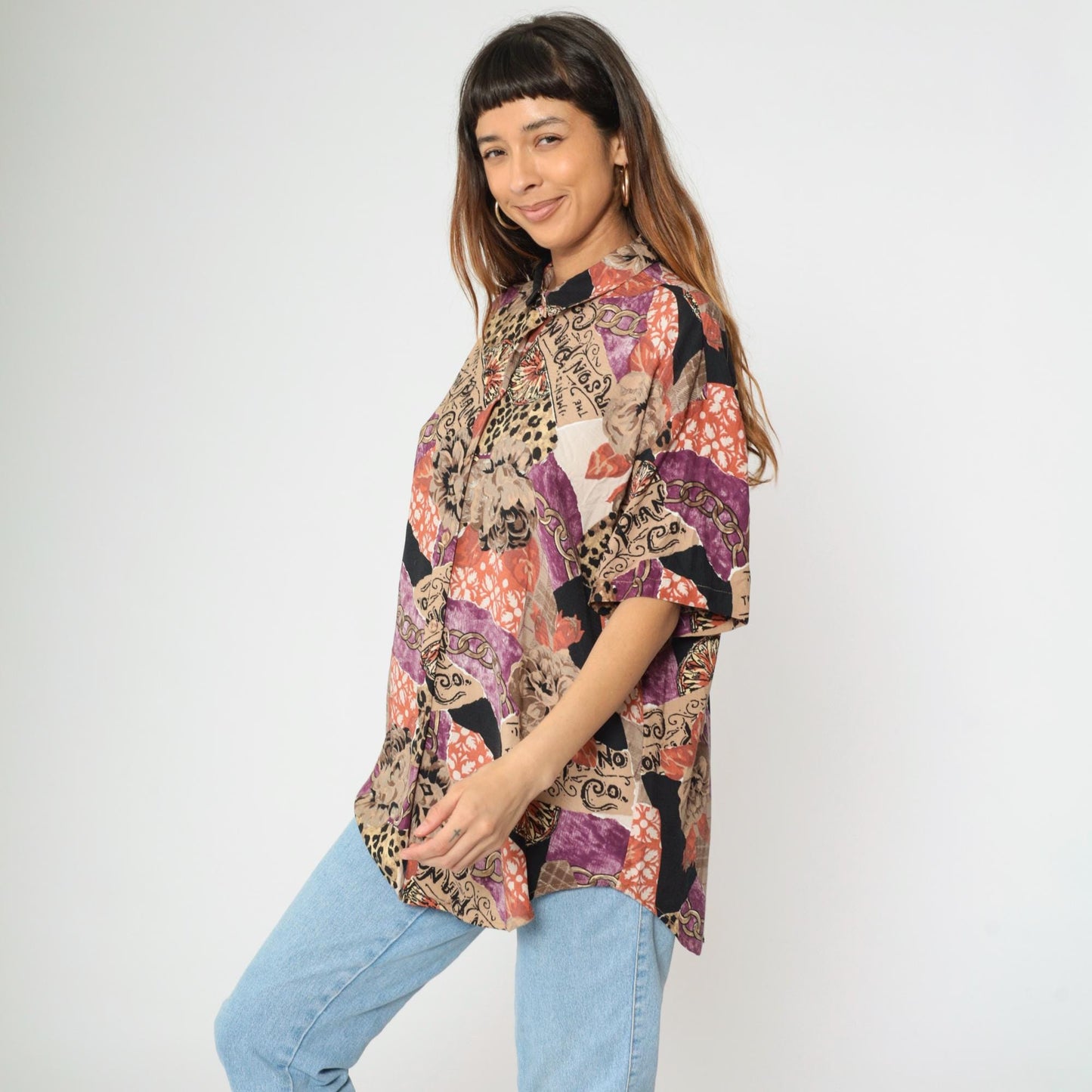 90s Caliche Mixed Print Button Up Blouse Floral Leopard Chain Coral Taupe Large L