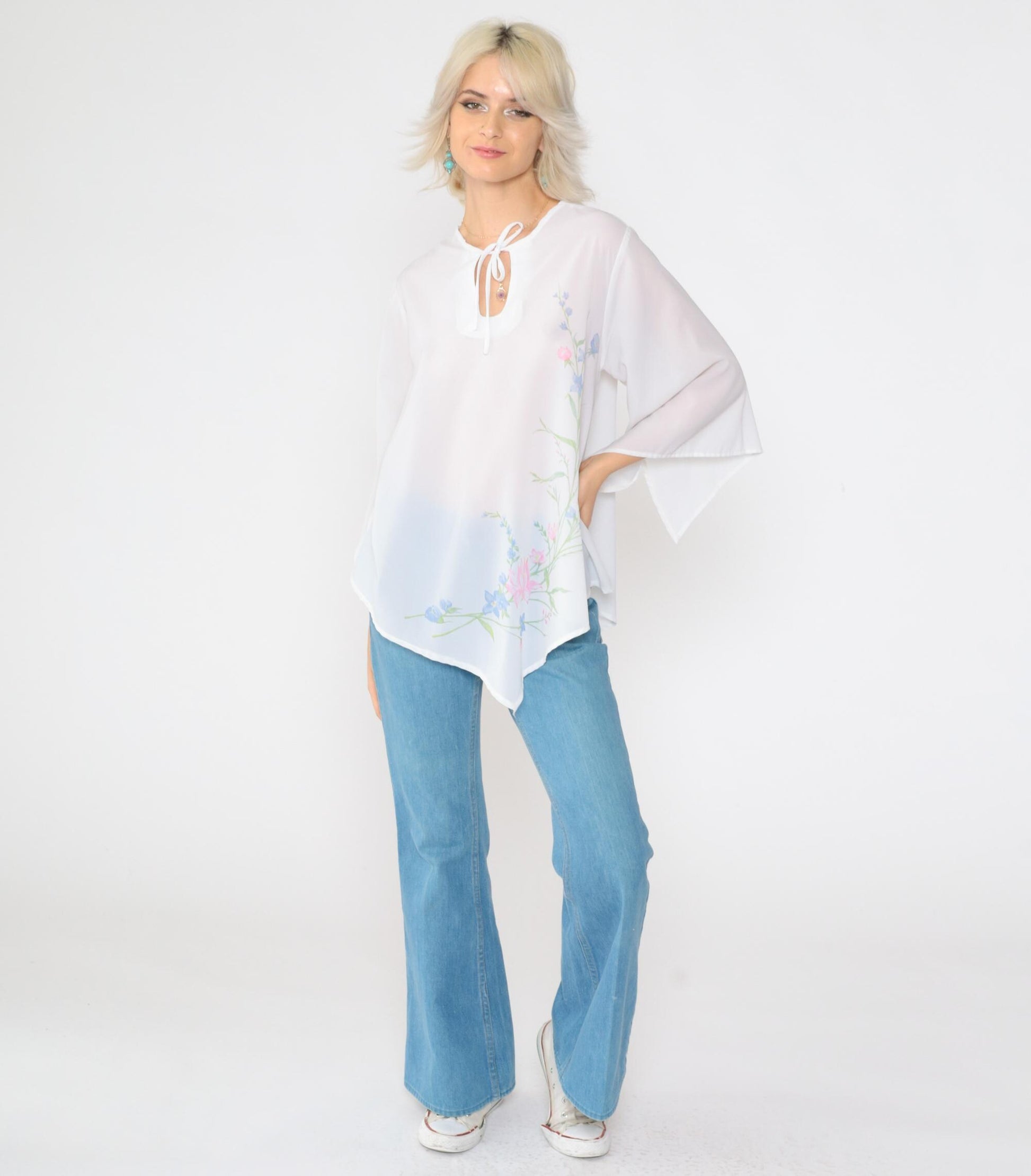 70s Teddi of California Floral Blouse White Bell Sleeve Keyhole Neck Medium