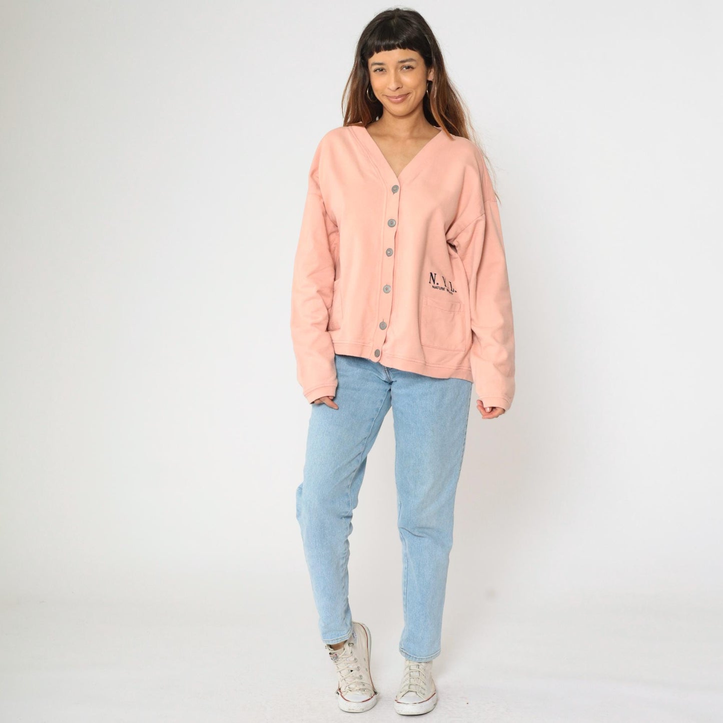 90s Peach Cardigan Sweatshirt N.Y.I. Nature Brand Button Up Cotton Large L