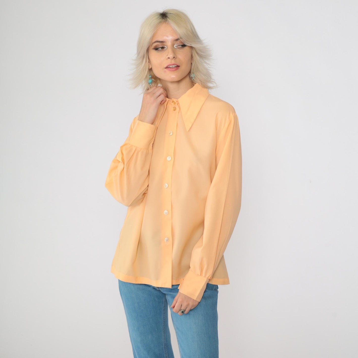 70s Peach Dagger Collar Button-Up Shirt Long Sleeve Large L