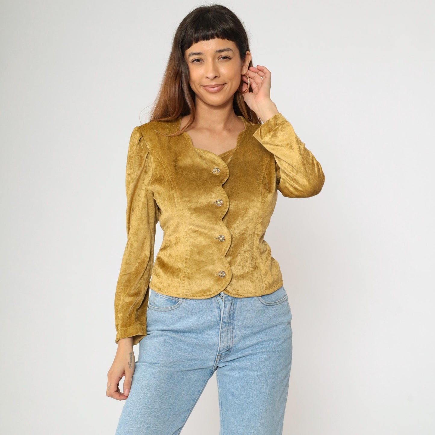 80s Betty Barclay Gold Velour Blouse Puff Sleeve Scalloped Button Medium