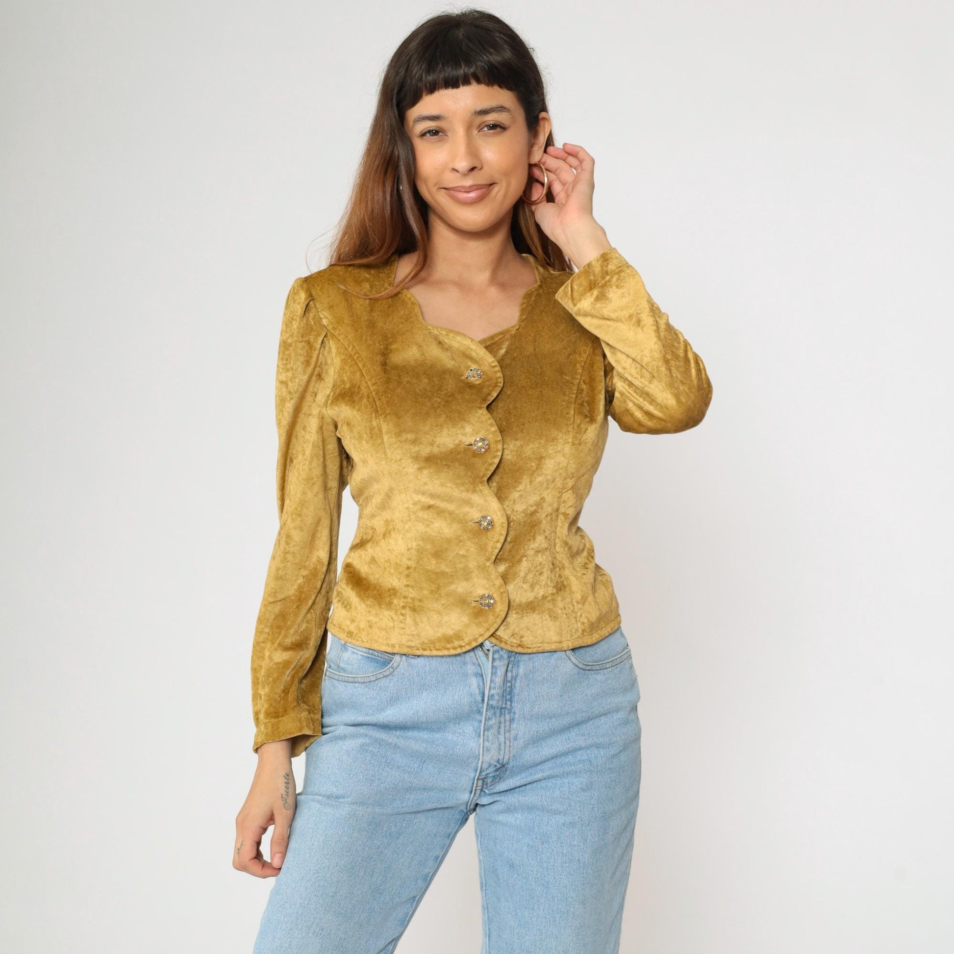 80s Betty Barclay Gold Velour Blouse Puff Sleeve Scalloped Button Medium