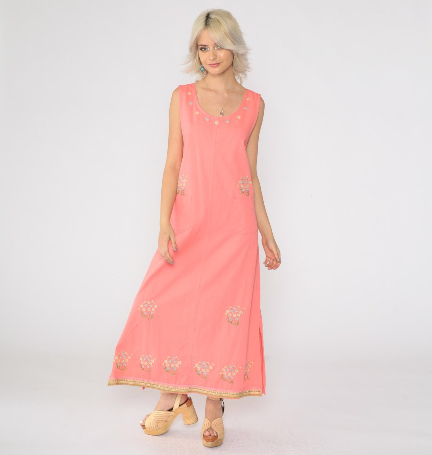 90s Pink Floral Embroidered Cotton Maxi Dress Sleeveless Large L