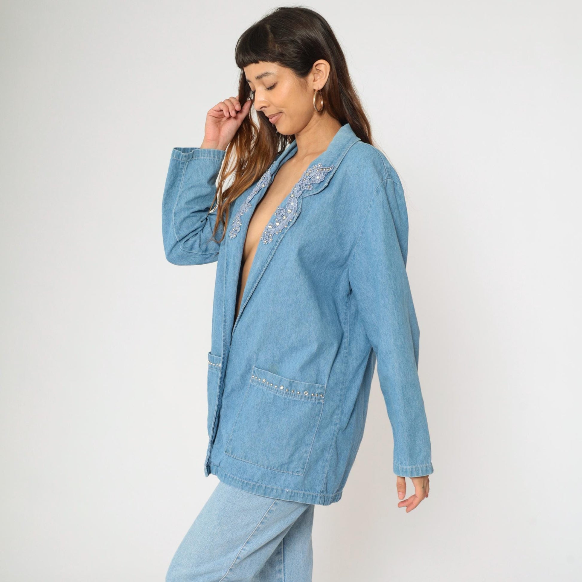 90s Bridge Sportswear Denim Blazer Blue Studded Rhinestone Lace Medium