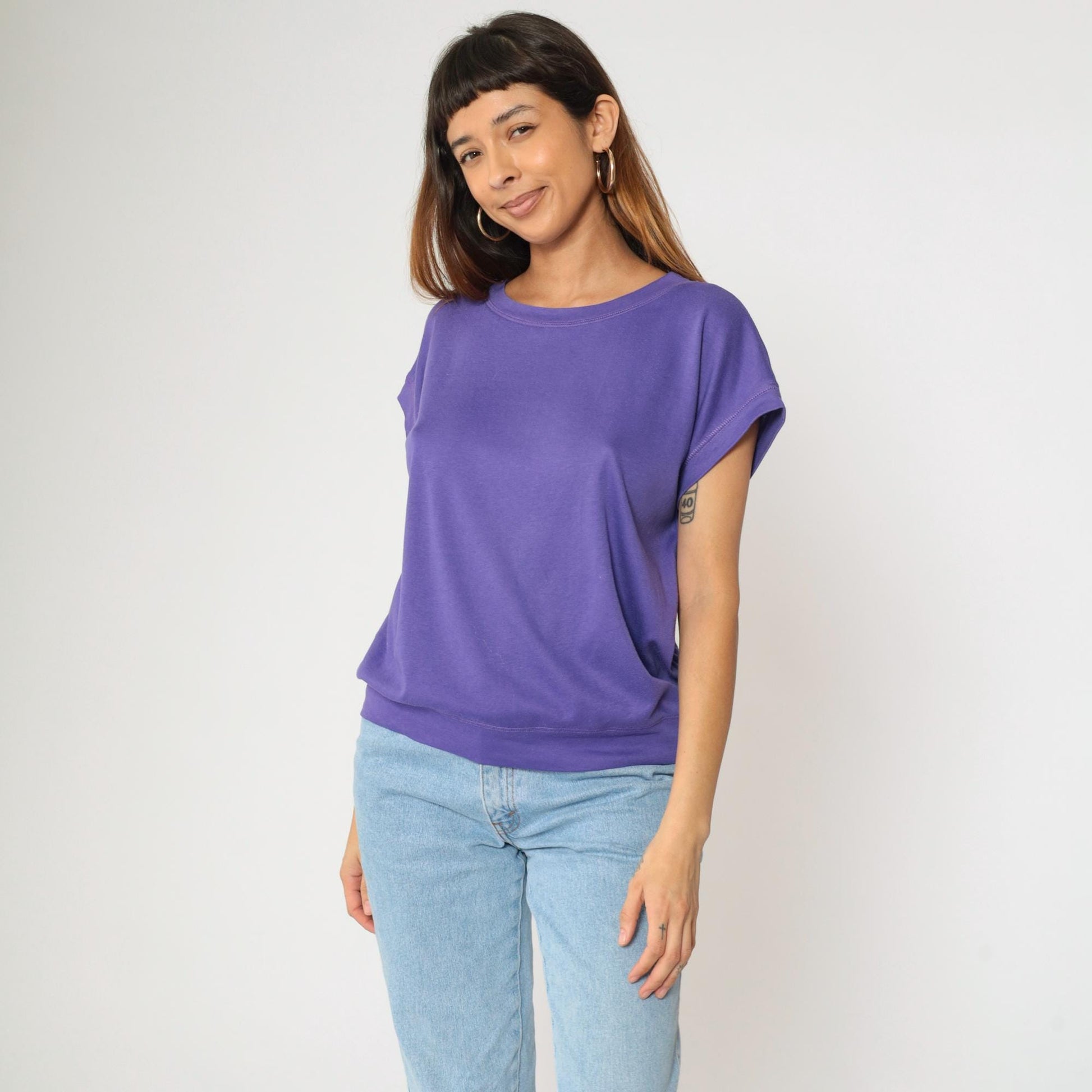 90s Purple T-Shirt Dolman Sleeve Banded Hem Slouchy Fit Large