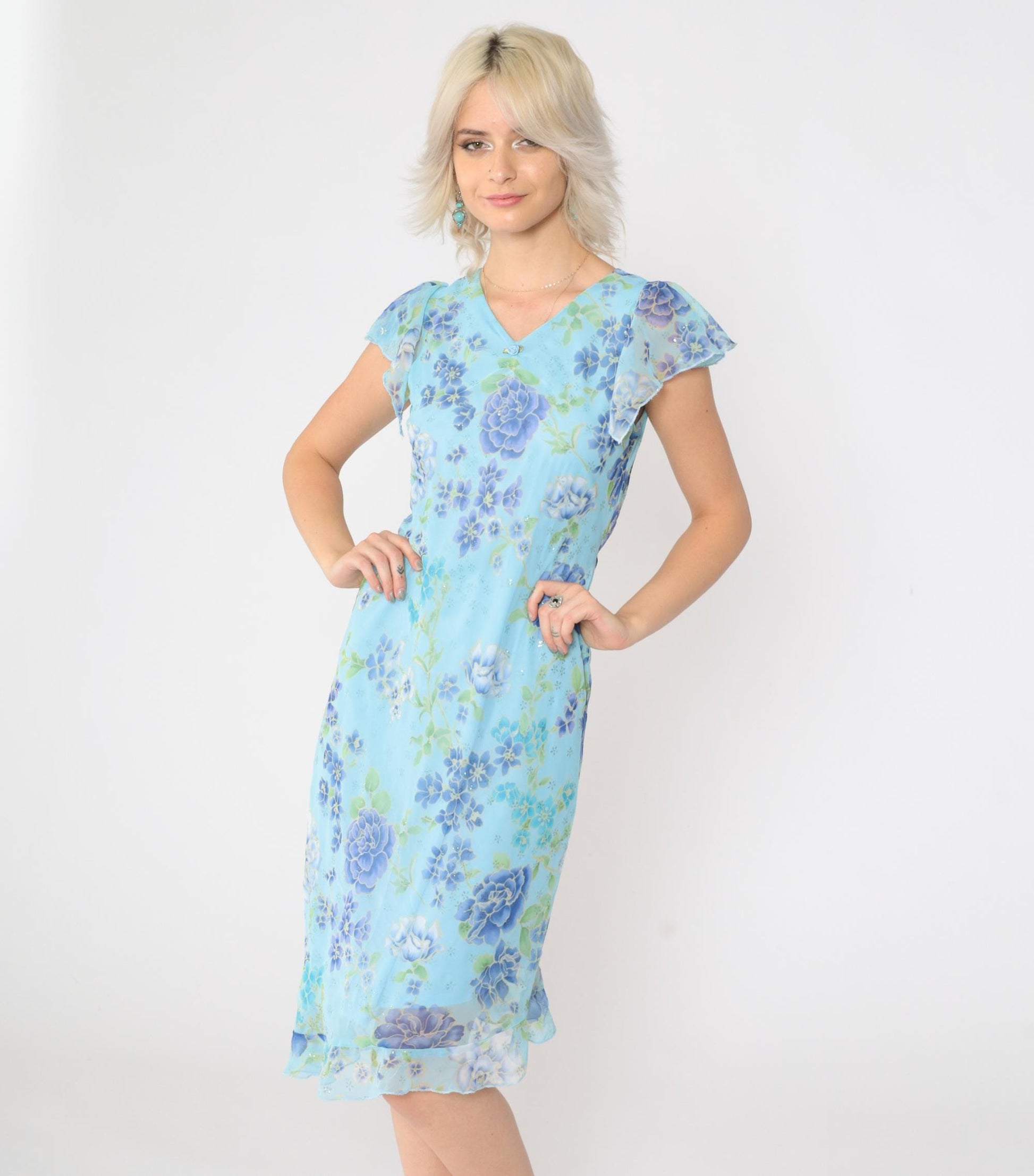 90s Blue Sparkly Floral Midi Dress Asymmetrical V-Neck Flutter Sleeve Small