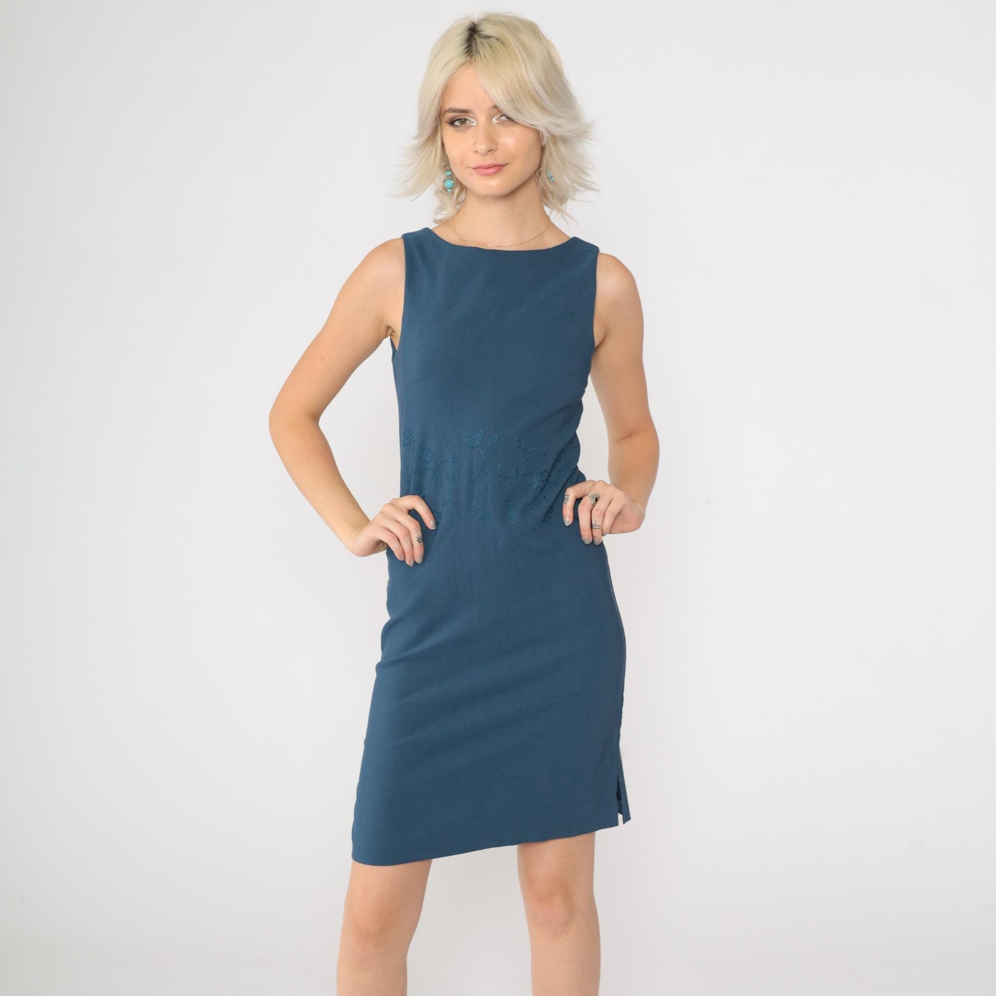90s Blue Floral Embroidered Sheath Mini Dress Sleeveless Extra Small