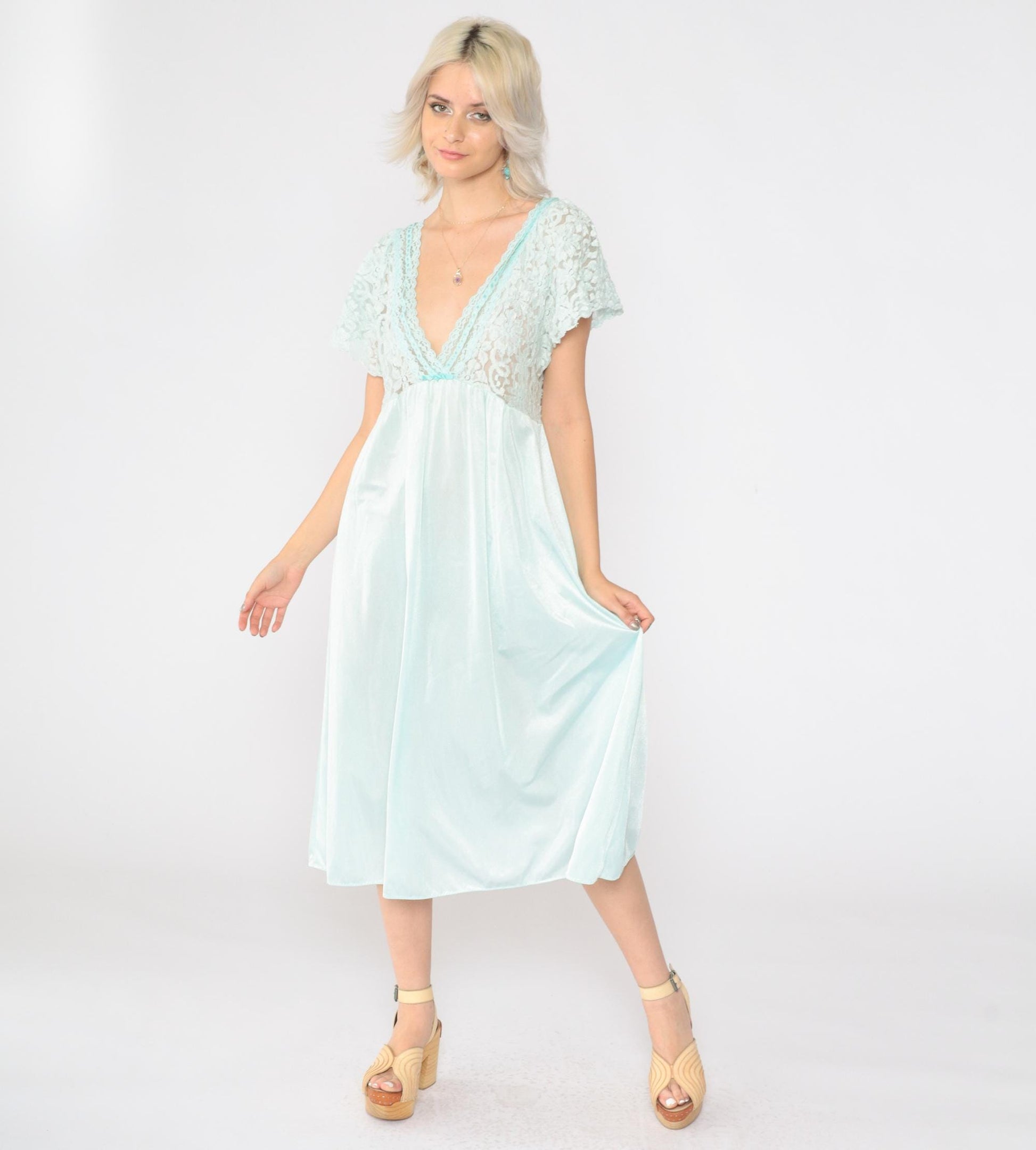 80s Aqua Lace Slip Dress Sheer Flutter Sleeve Nightgown Medium