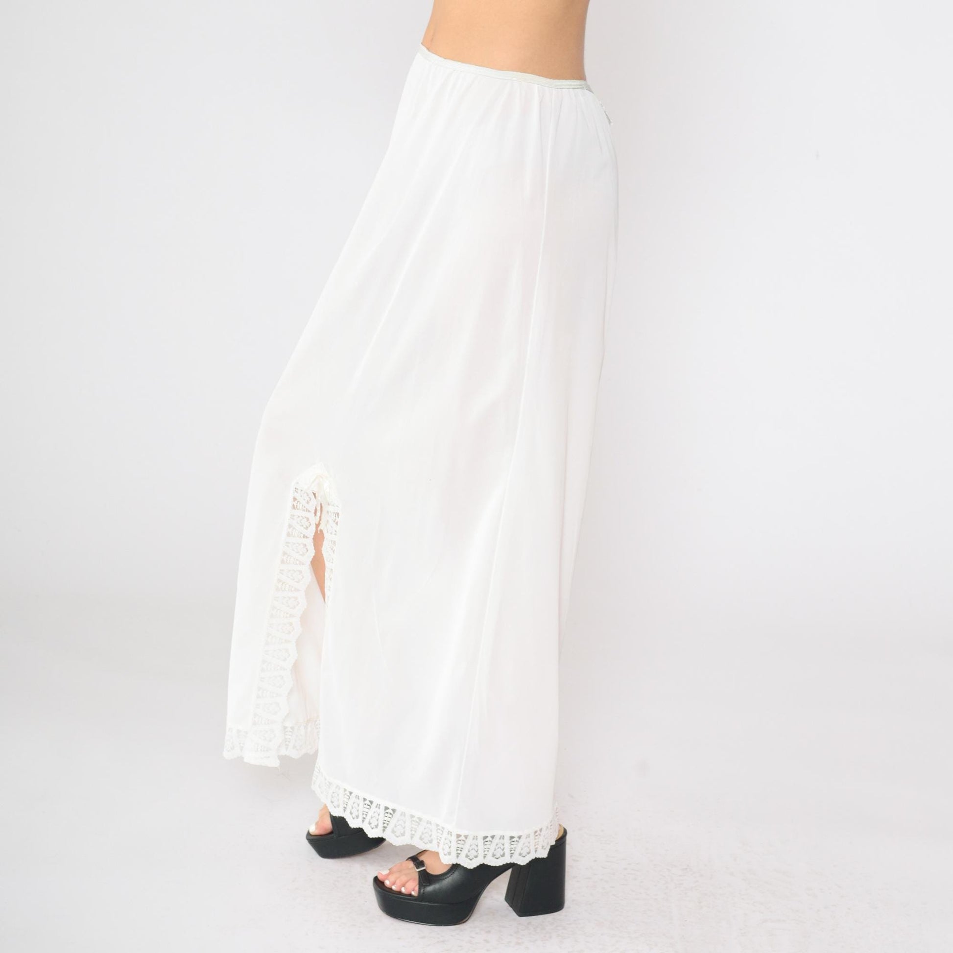 70s White Lace Slip Skirt Semi-Sheer Front Slit Maxi Medium Large