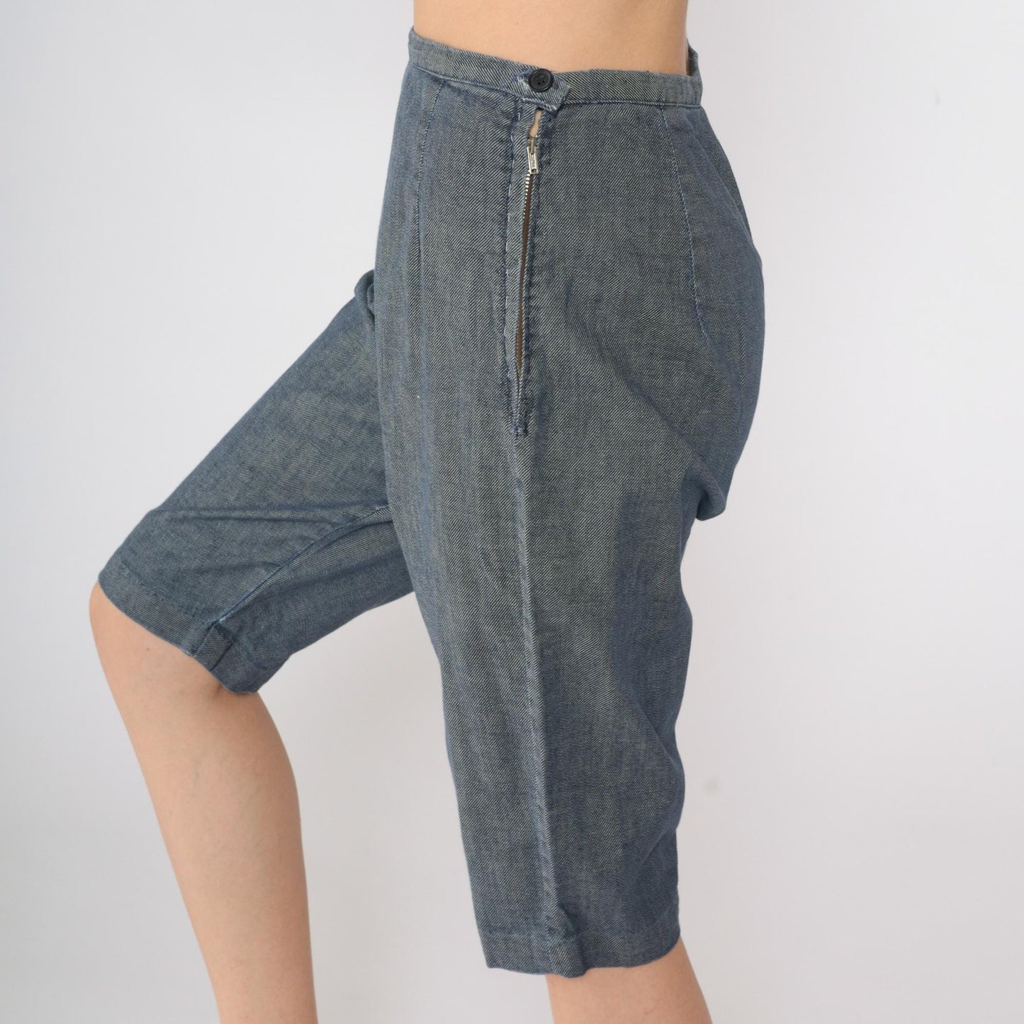 60s Blue Chambray Capri Pants High Waist Side Zipper Knee Length Small