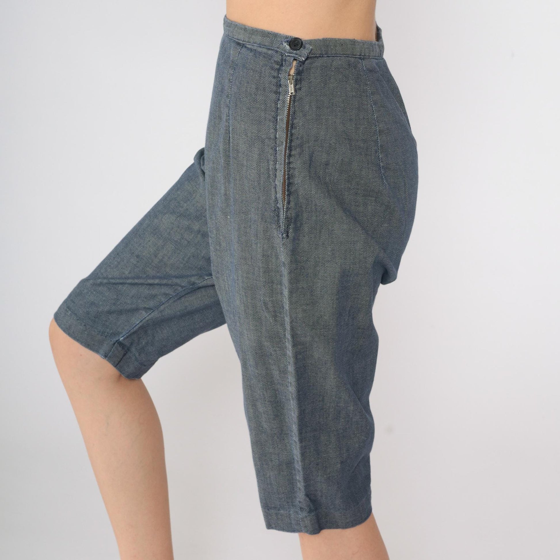 60s Blue Chambray Capri Pants High Waist Side Zipper Knee Length Small