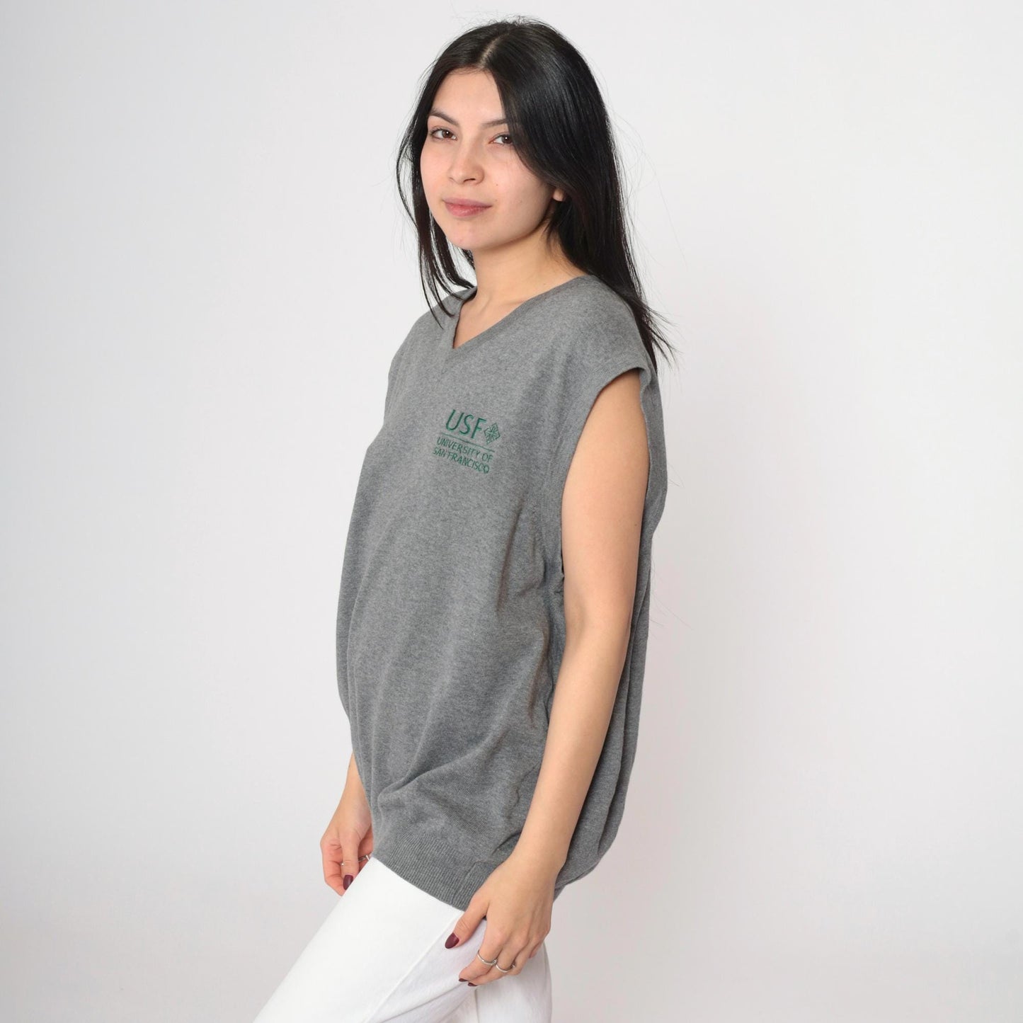 00s USF University of San Francisco Grey Knit Vest Pullover Large L