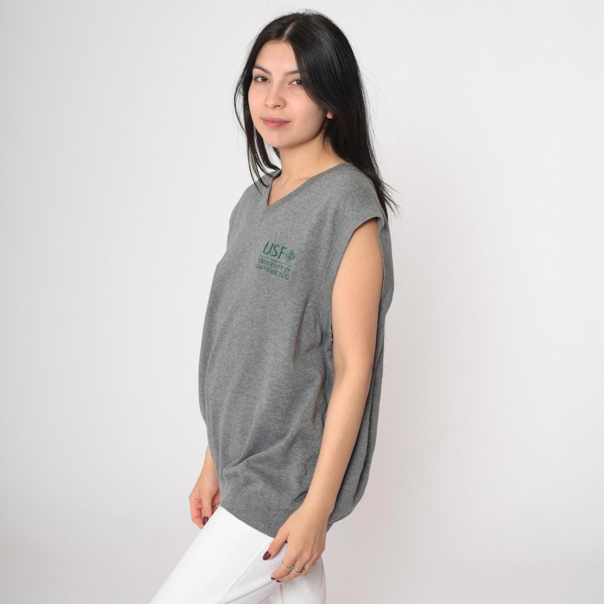 00s USF University of San Francisco Grey Knit Vest Pullover Large L