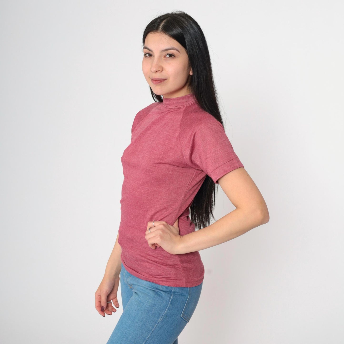 80s Pink Mock Neck Raglan T-Shirt Single Stitch Extra Small XS