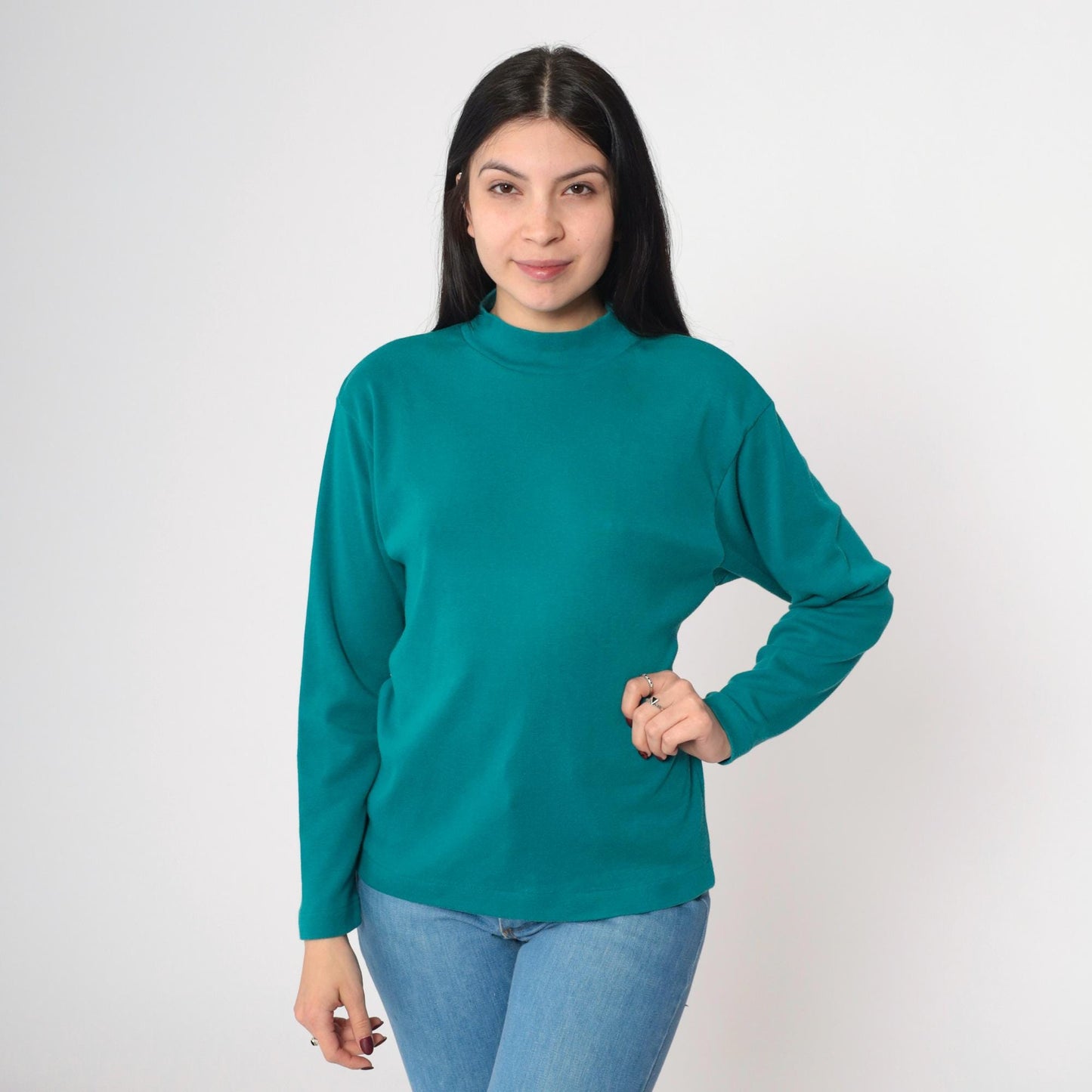 90s Teal Mock Neck Long Sleeve T-Shirt Small S
