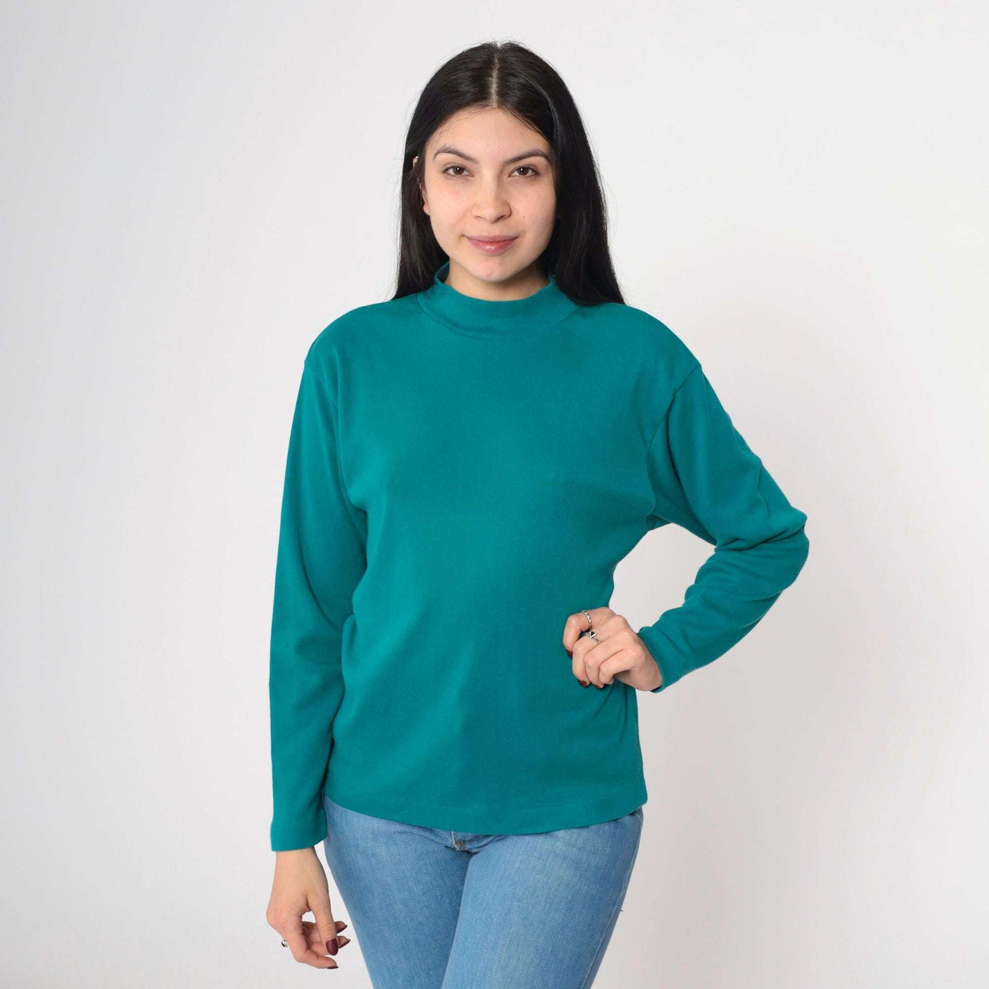 90s Teal Mock Neck Long Sleeve T-Shirt Small S