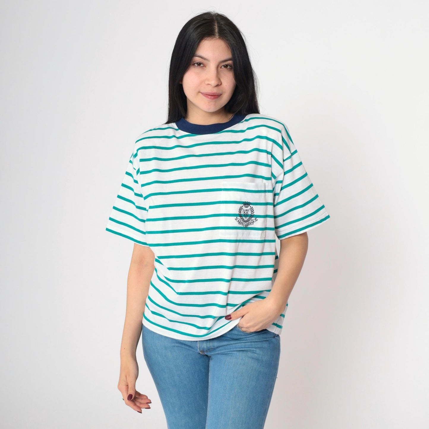 90s Royal Academy Crest Striped T-Shirt Green White Ringer Tee Medium