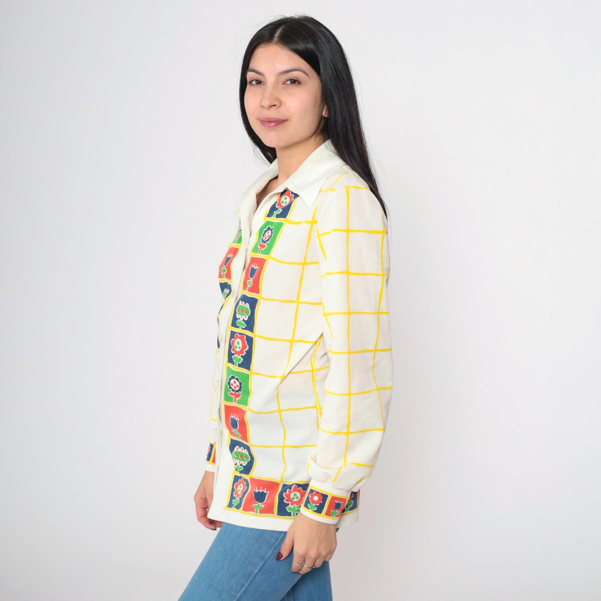 70s Floral Checkered Button-Up Blouse Dagger Collar Long Sleeve White Small