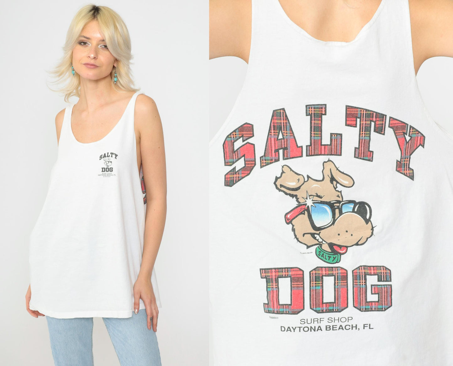 90s Salty Dog Surf Shop Tank Top Daytona Beach Florida Graphic White Extra Large XL