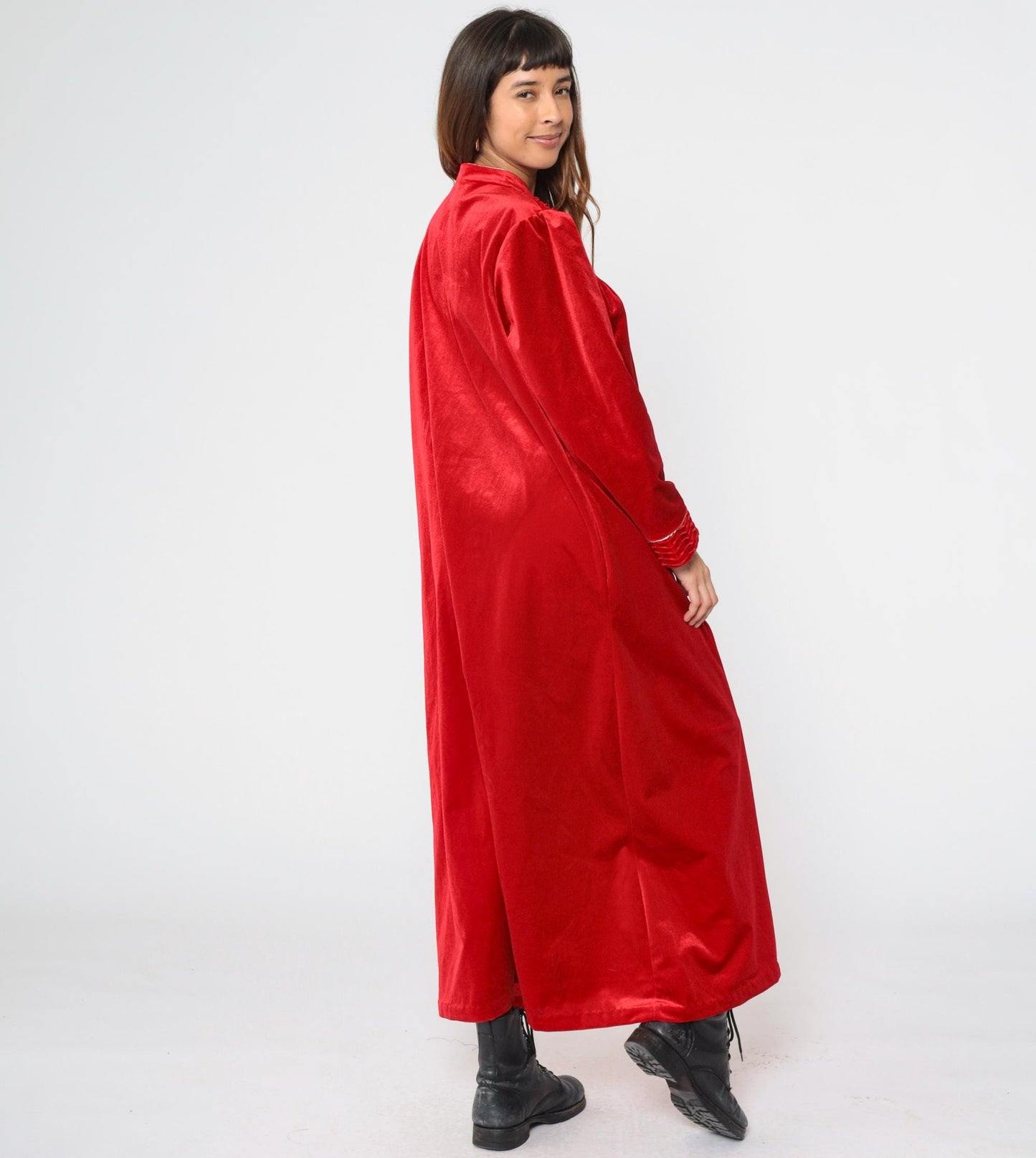 90s Red Velour Maxi Robe Dress Zip Front Gold Trim Large XL