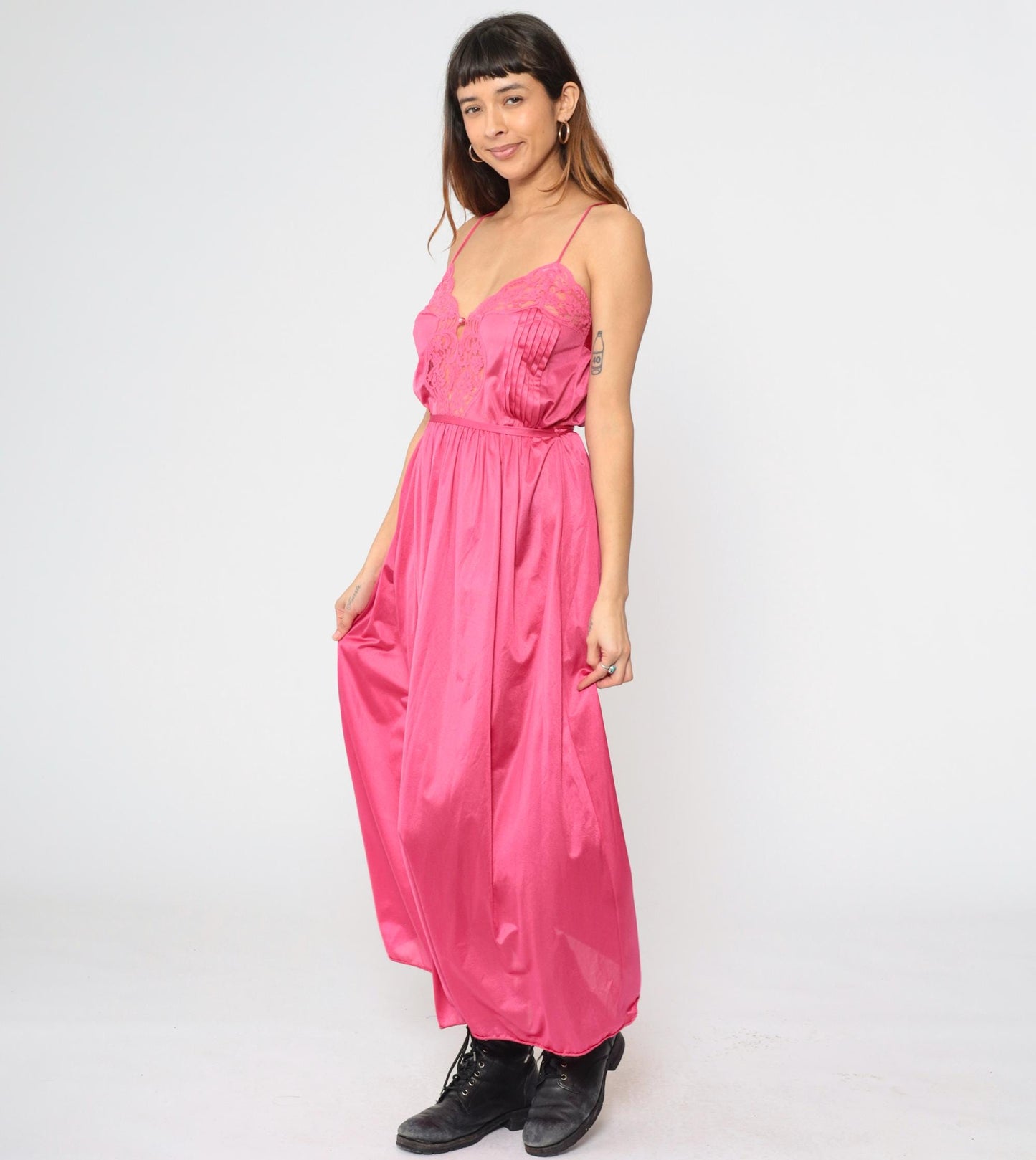 70s Lily of France Deep Pink Lace Maxi Slip Nightgown Spaghetti Strap Small S