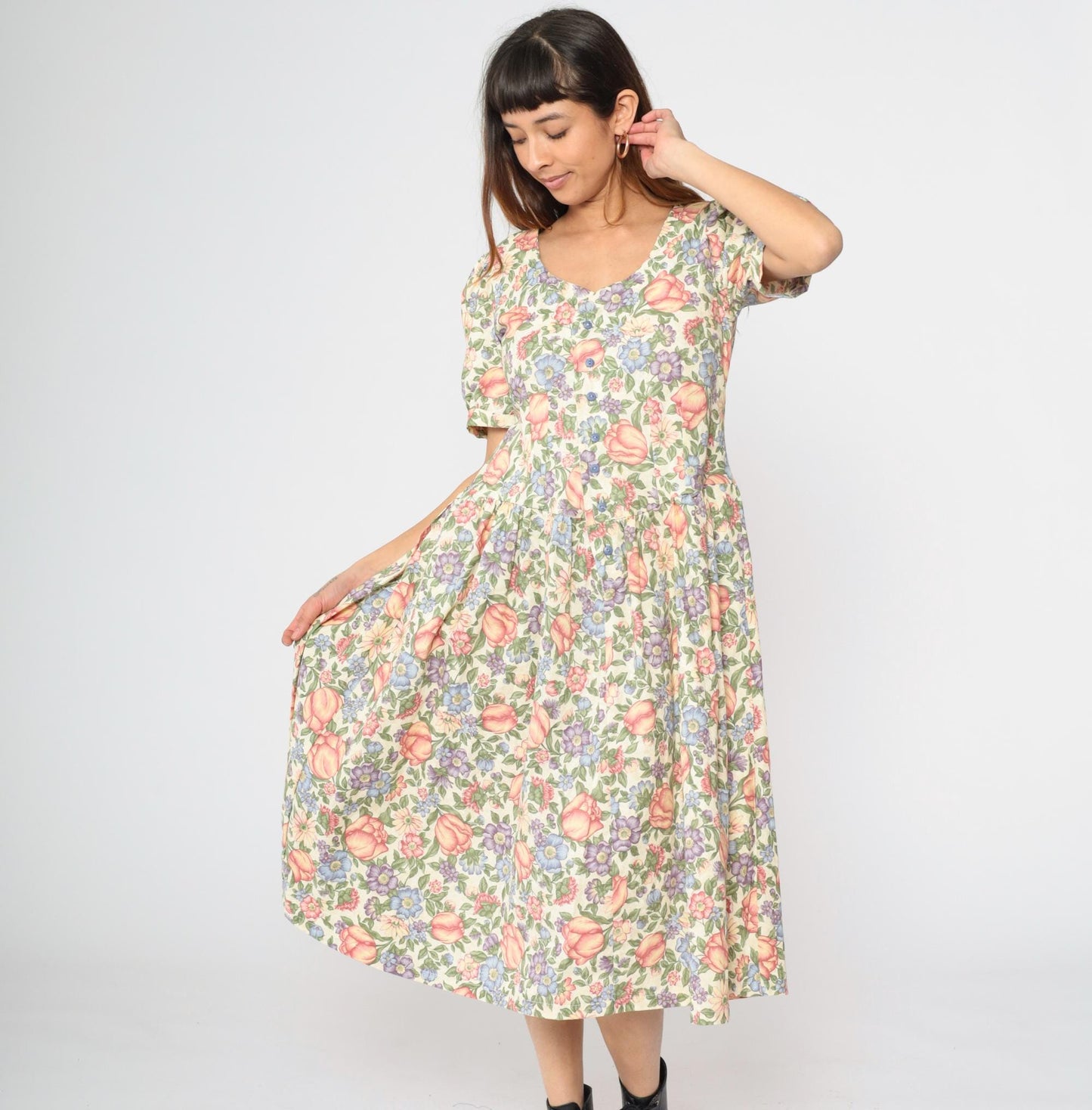 80s Floral Midi Dress Puff Sleeve Button-Up Cream Small Medium