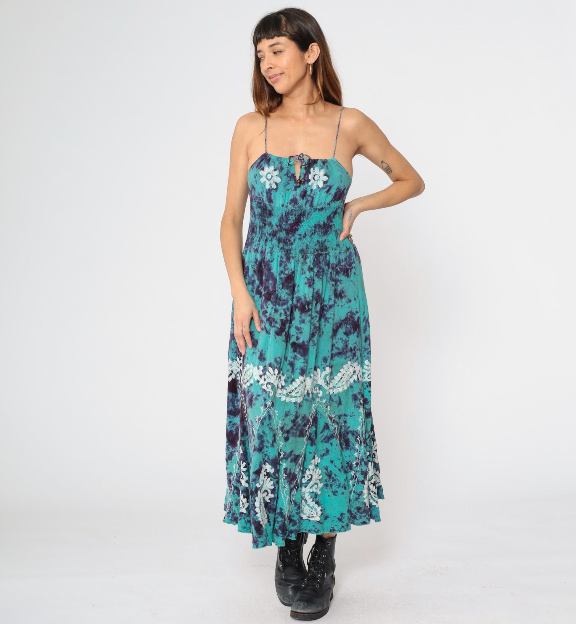 90s Tie Dye Midi Sun Dress Turquoise Purple Smocked Spaghetti Strap Small Medium
