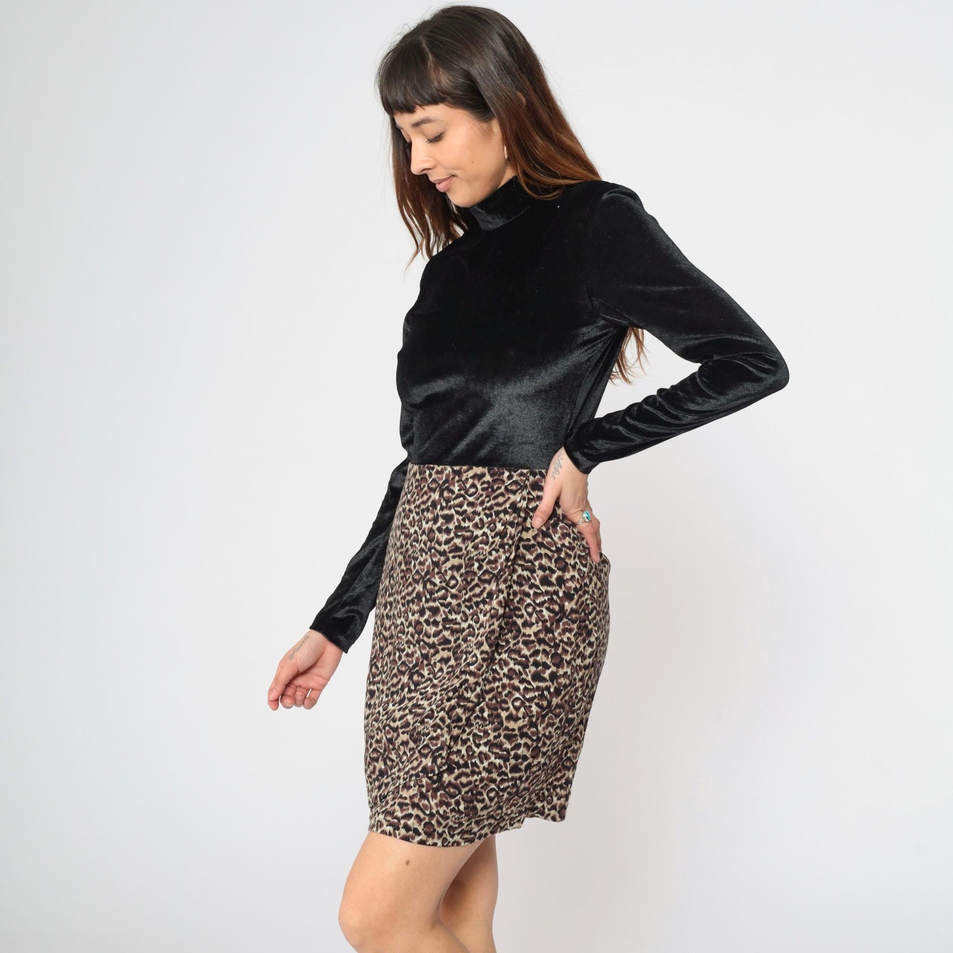 90s Velour Leopard Print Mini Dress Mock Neck Black Long Sleeve Small