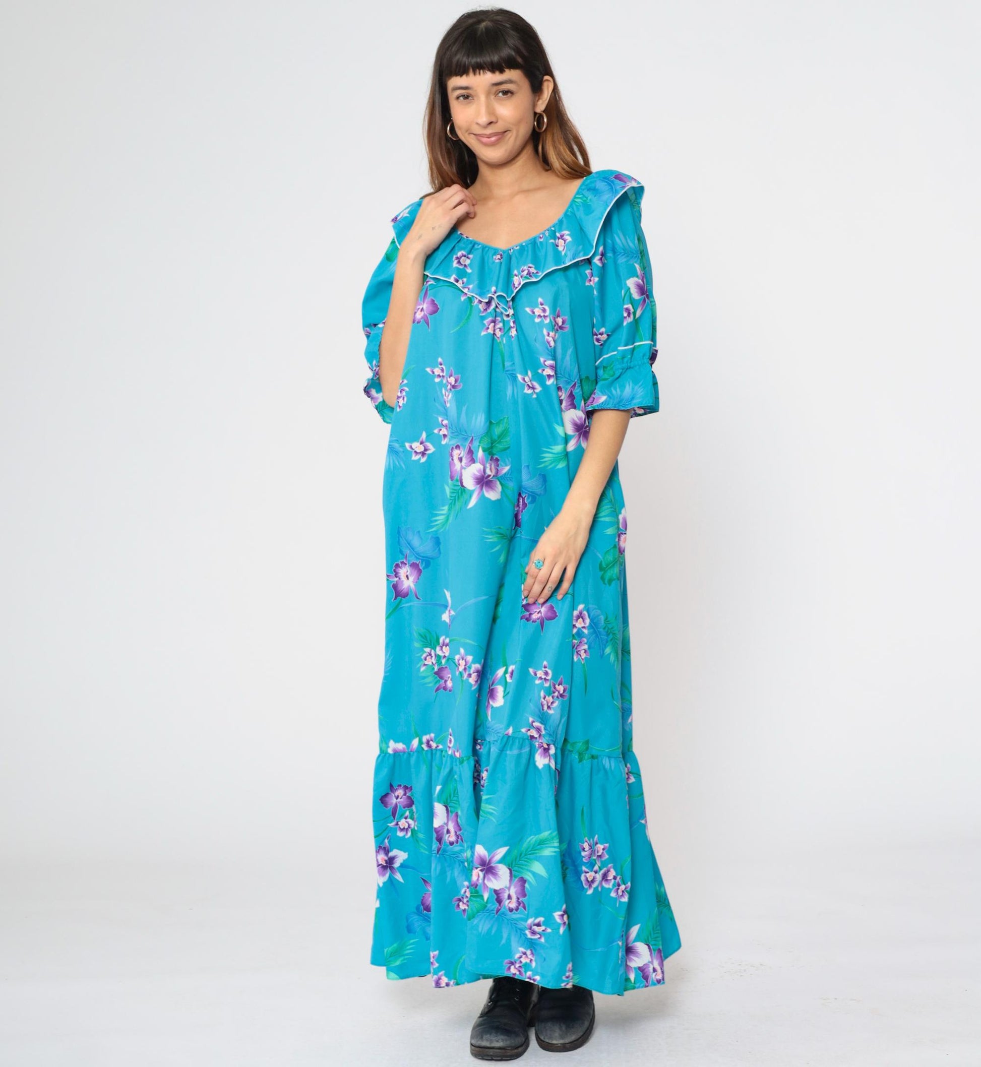 80s Blue Tropical Floral Maxi Dress 3/4 Sleeve Flounce Hem Medium
