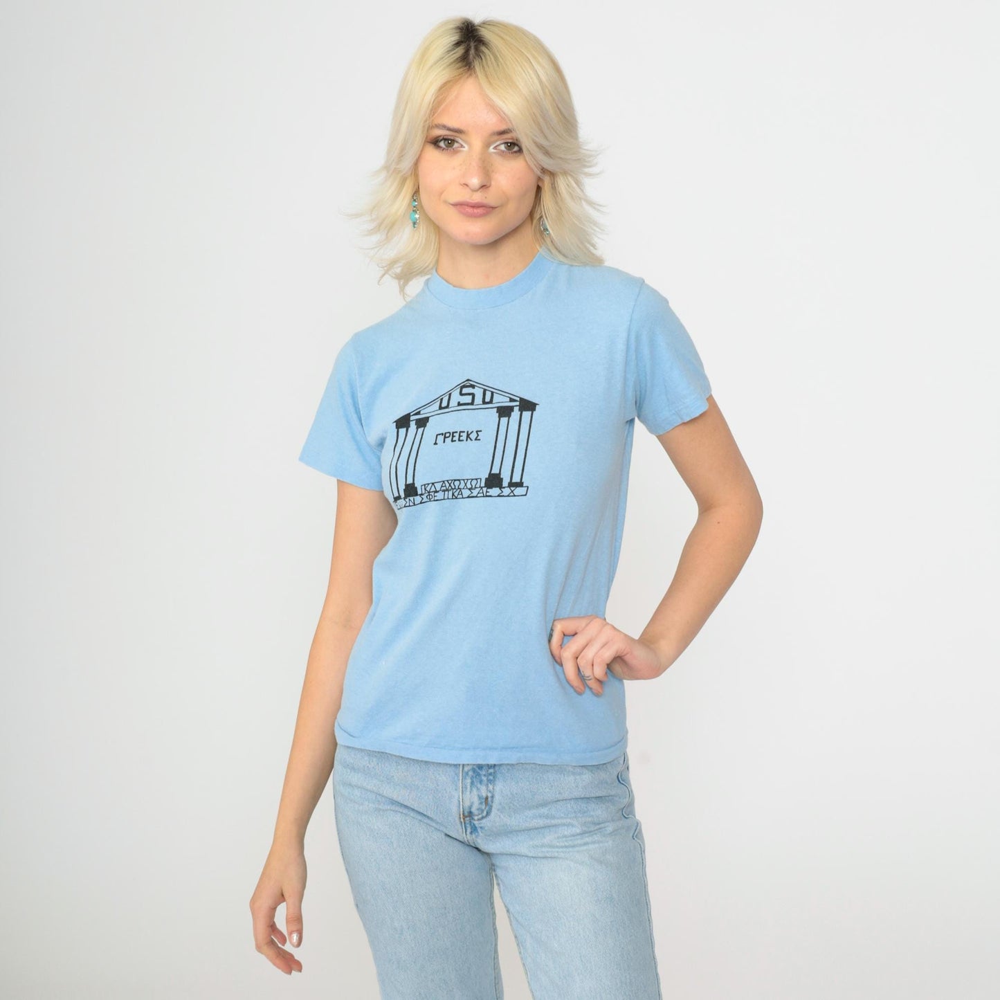 80s Utah State University Greek Life T-Shirt Baby Blue Hanes Single Stitch Extra Small