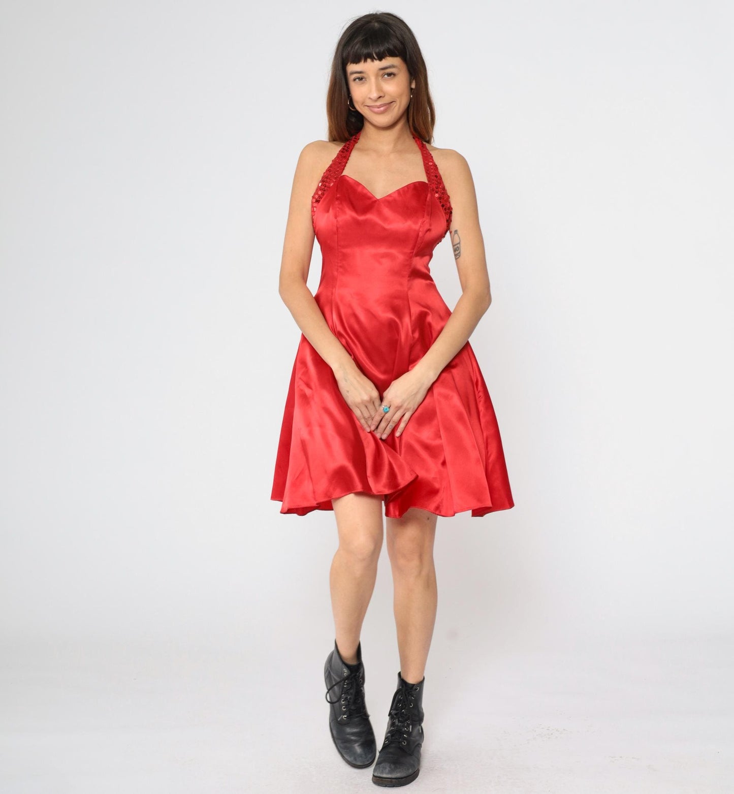 90s Zum Zum Red Satin Sequin Mini Halter Dress Open Back Medium