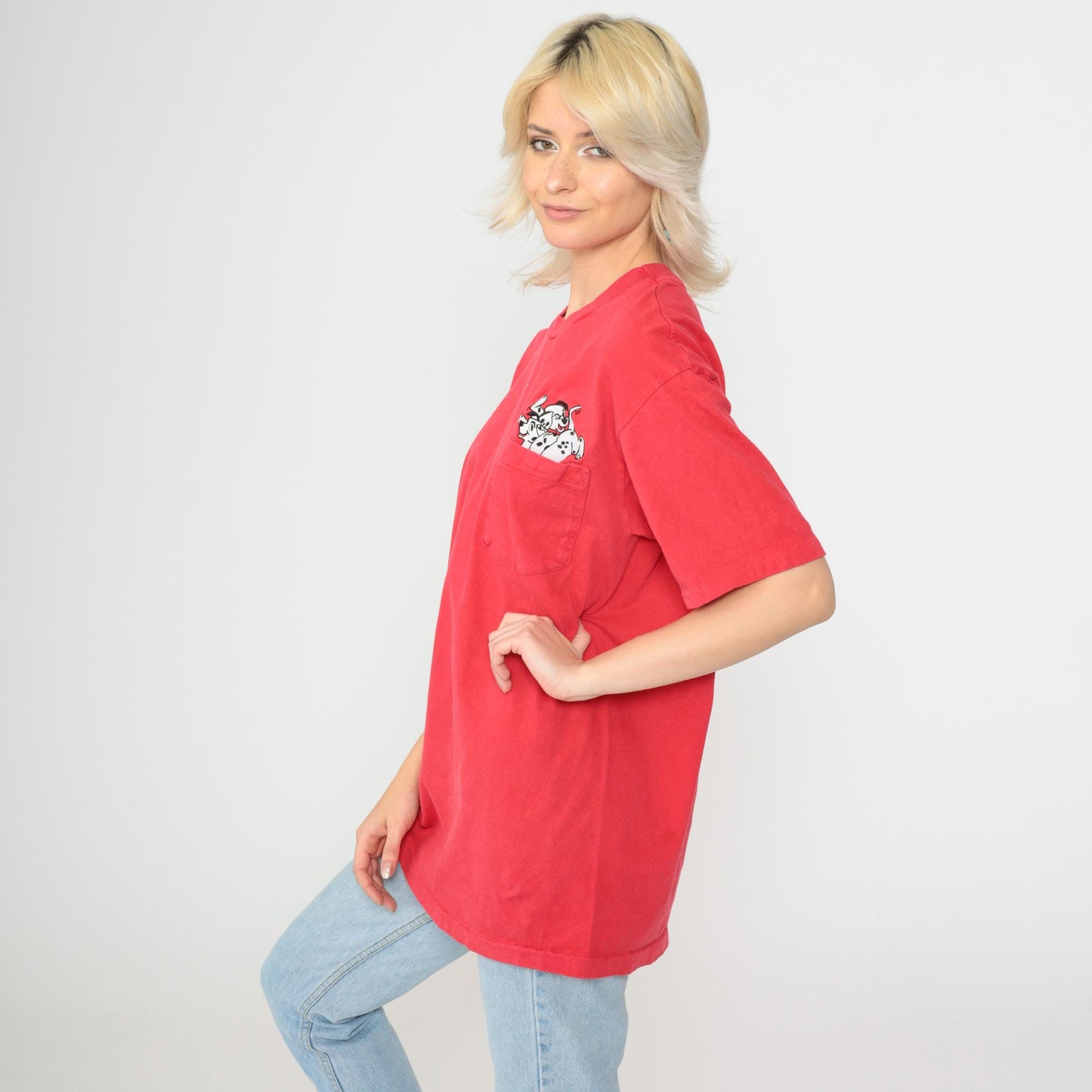 90s Disney Store 101 Dalmatians Red Graphic T-Shirt Pocket Tee Medium