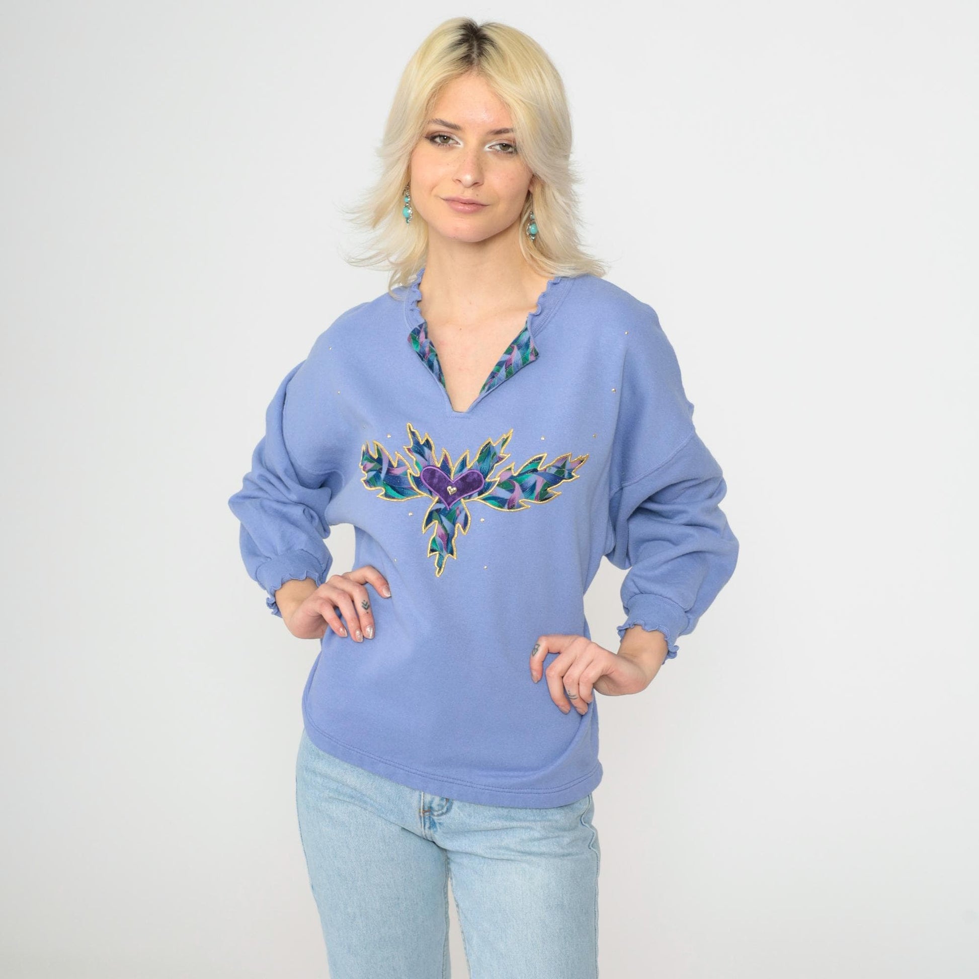 90s Jerzees Heart Leaf Studded Sweatshirt Lavender V-Neck Extra Large XXL